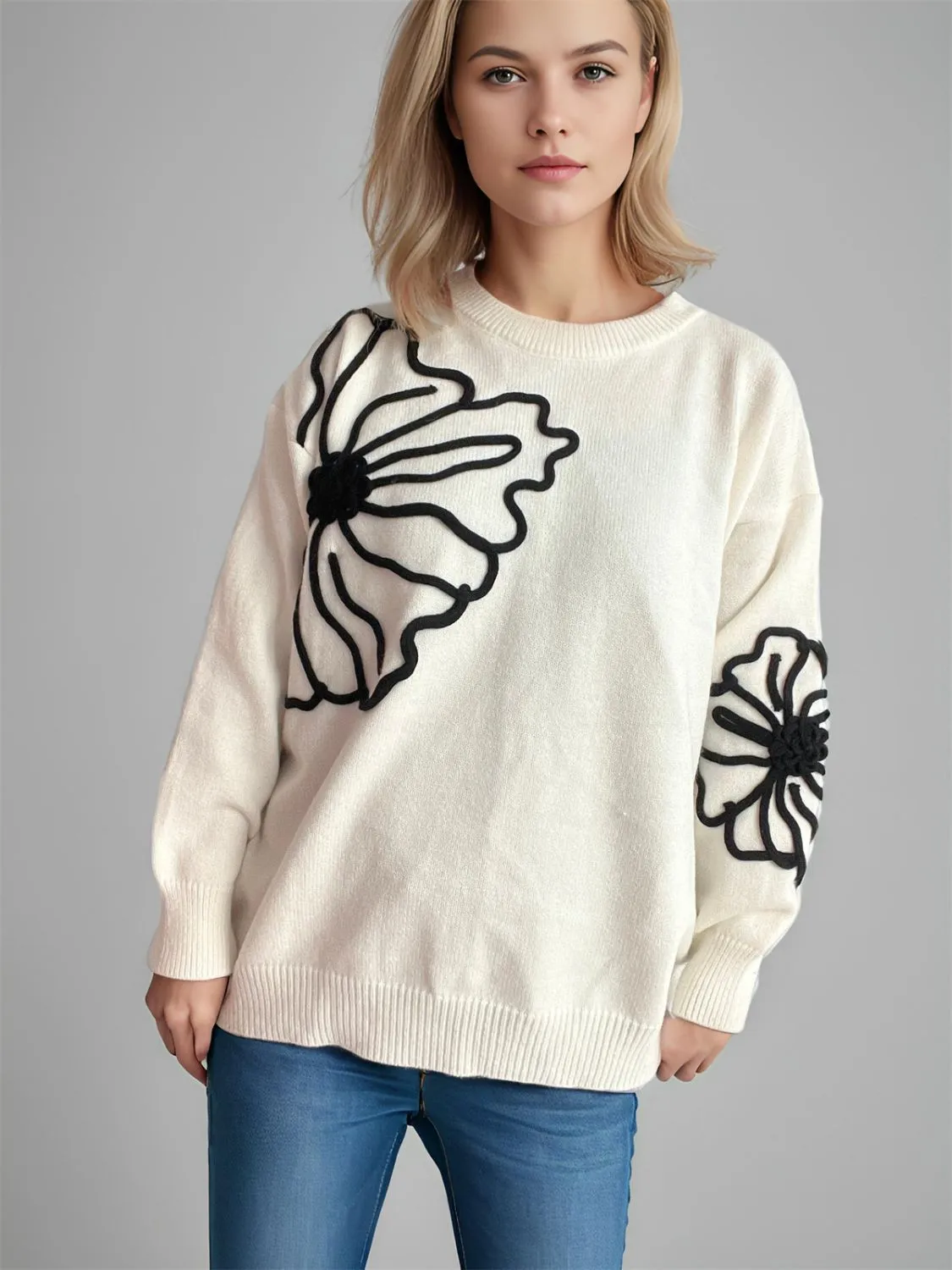 🌼 Flower Round Neck Long Sleeve Sweater 🌼