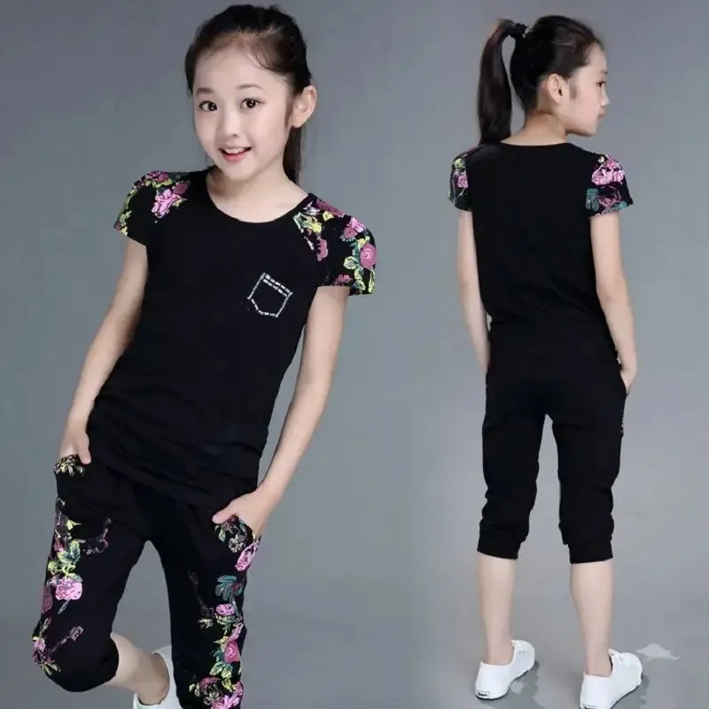 Autumn Girls Floral Short Sleeve T-Shirt Short Pants Set