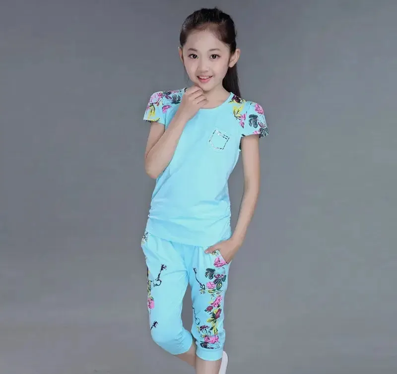 Autumn Girls Floral Short Sleeve T-Shirt Short Pants Set