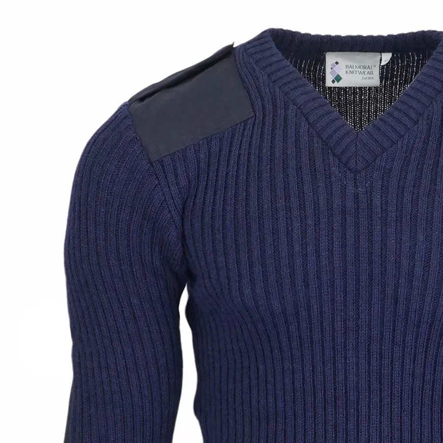 Balmoral Men Nato V-Neck Navy Ribbed Jumper 100% Wool