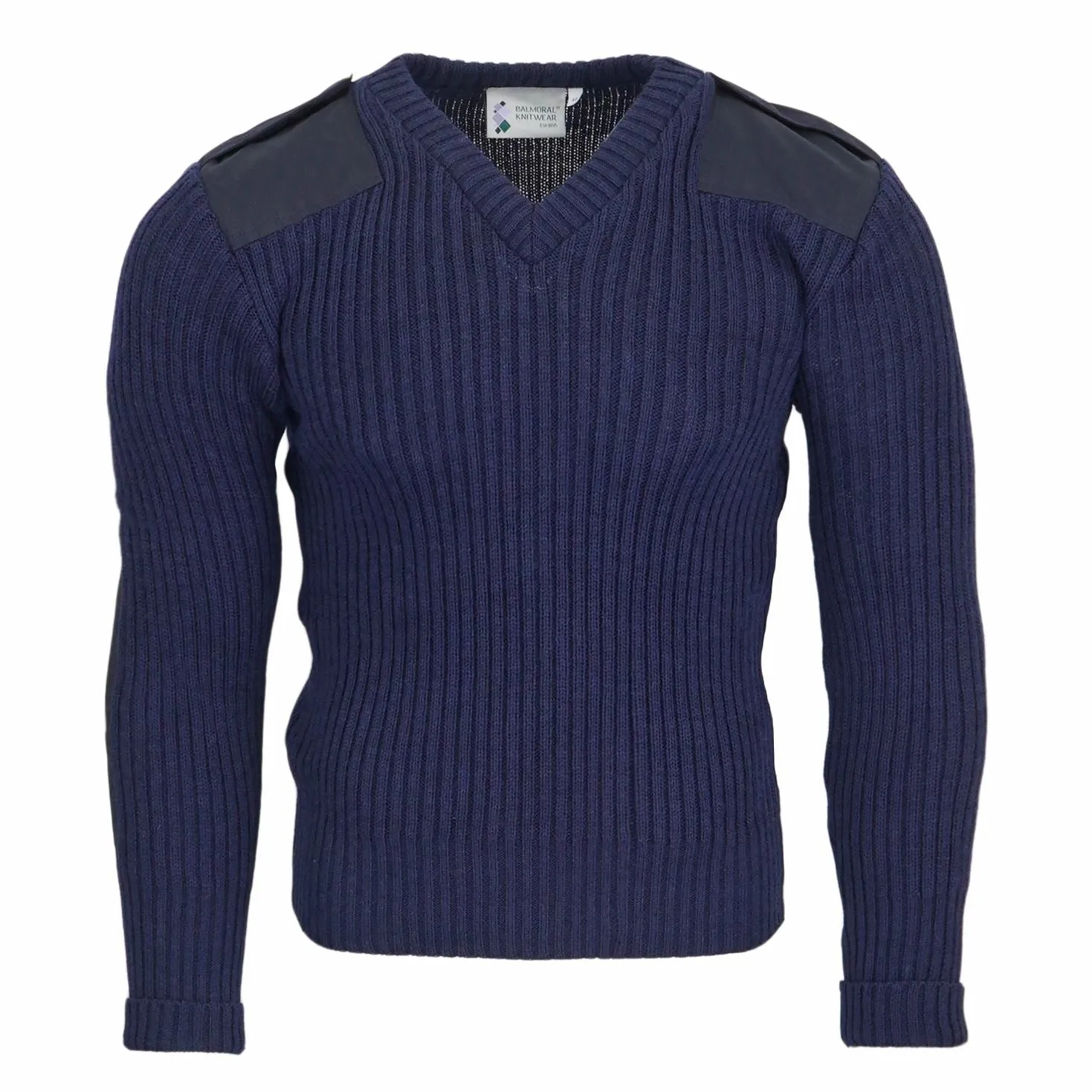 Balmoral Men Nato V-Neck Navy Ribbed Jumper 100% Wool