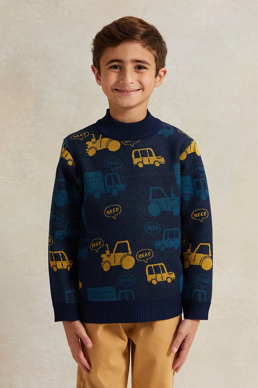 Boys Navy Trucks Print Pullover