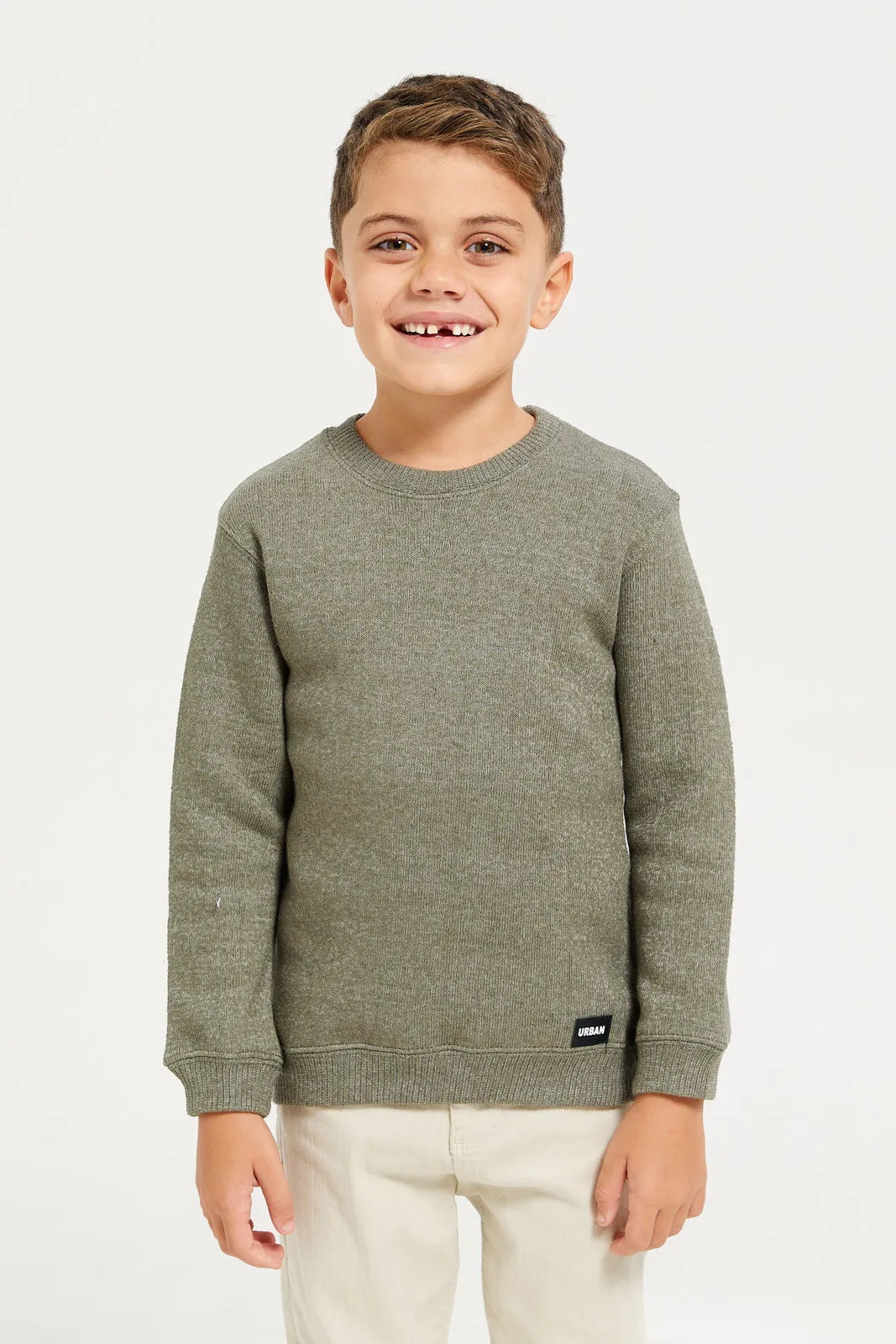 Boys Olive Snow Look Crew Neck Pullover