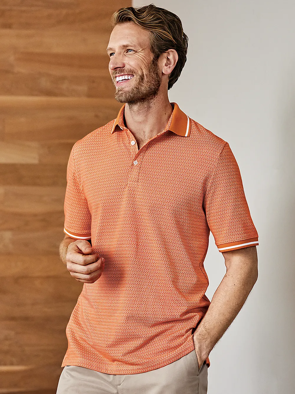 Cotton Blend Three Button Polo - Orange