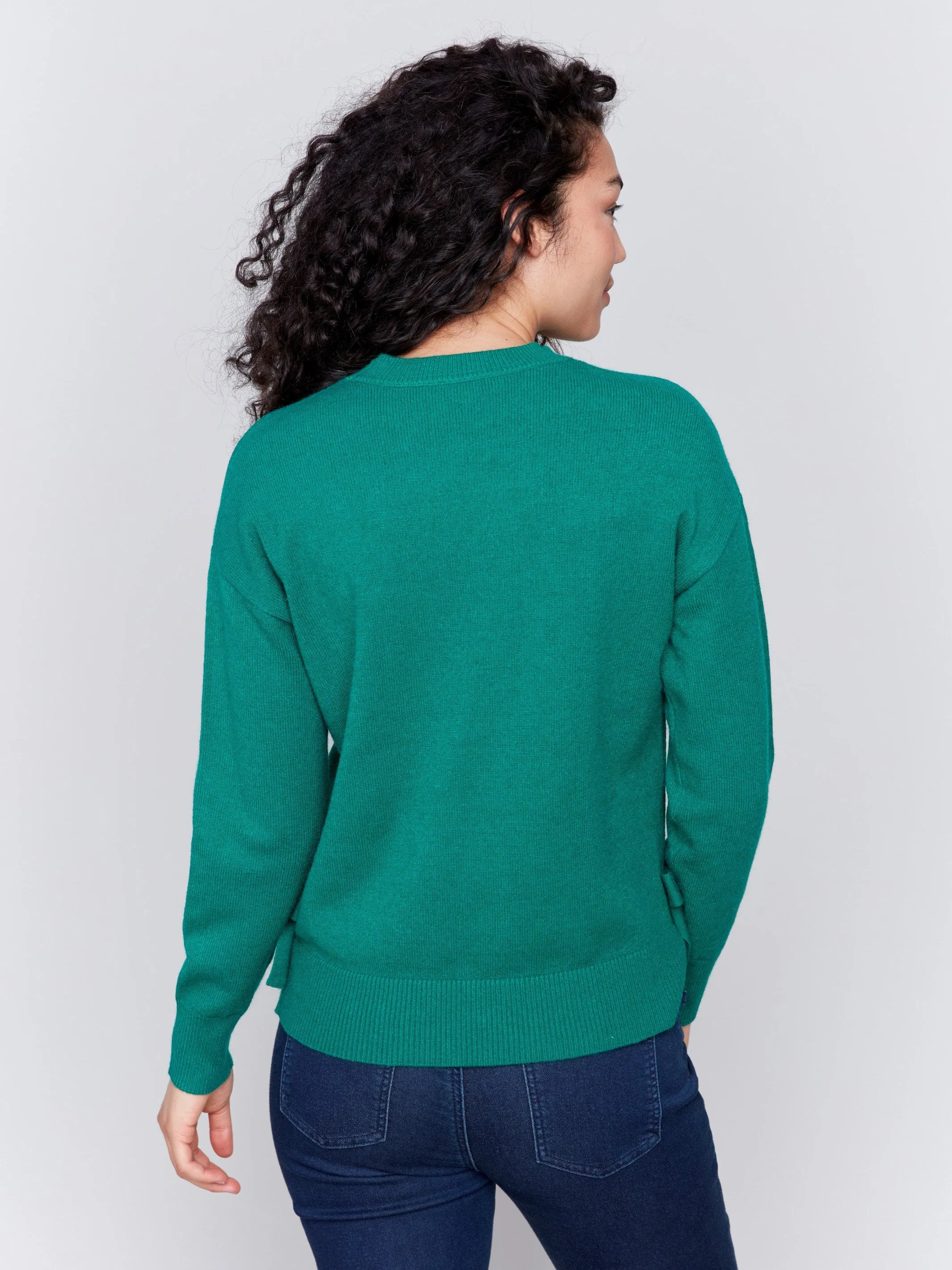 Crew Neck Sweater with Side Bows - Forest