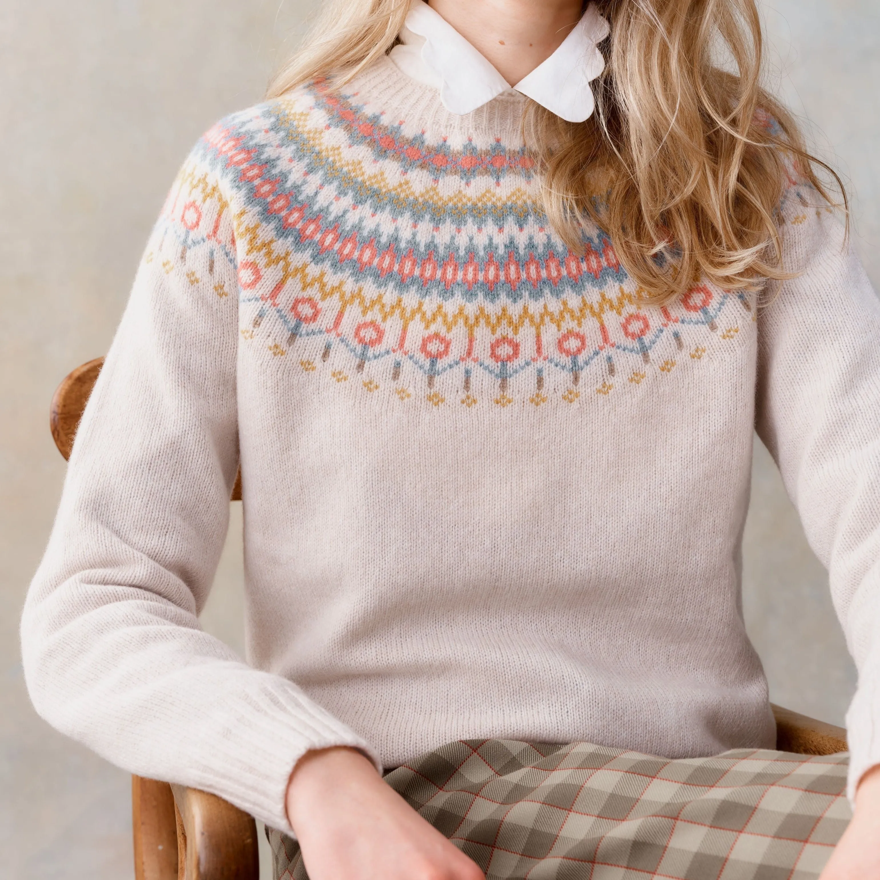 Elegant Swansdown Fair Isle Yoke Crew Neck Sweater for Stylish Comfort