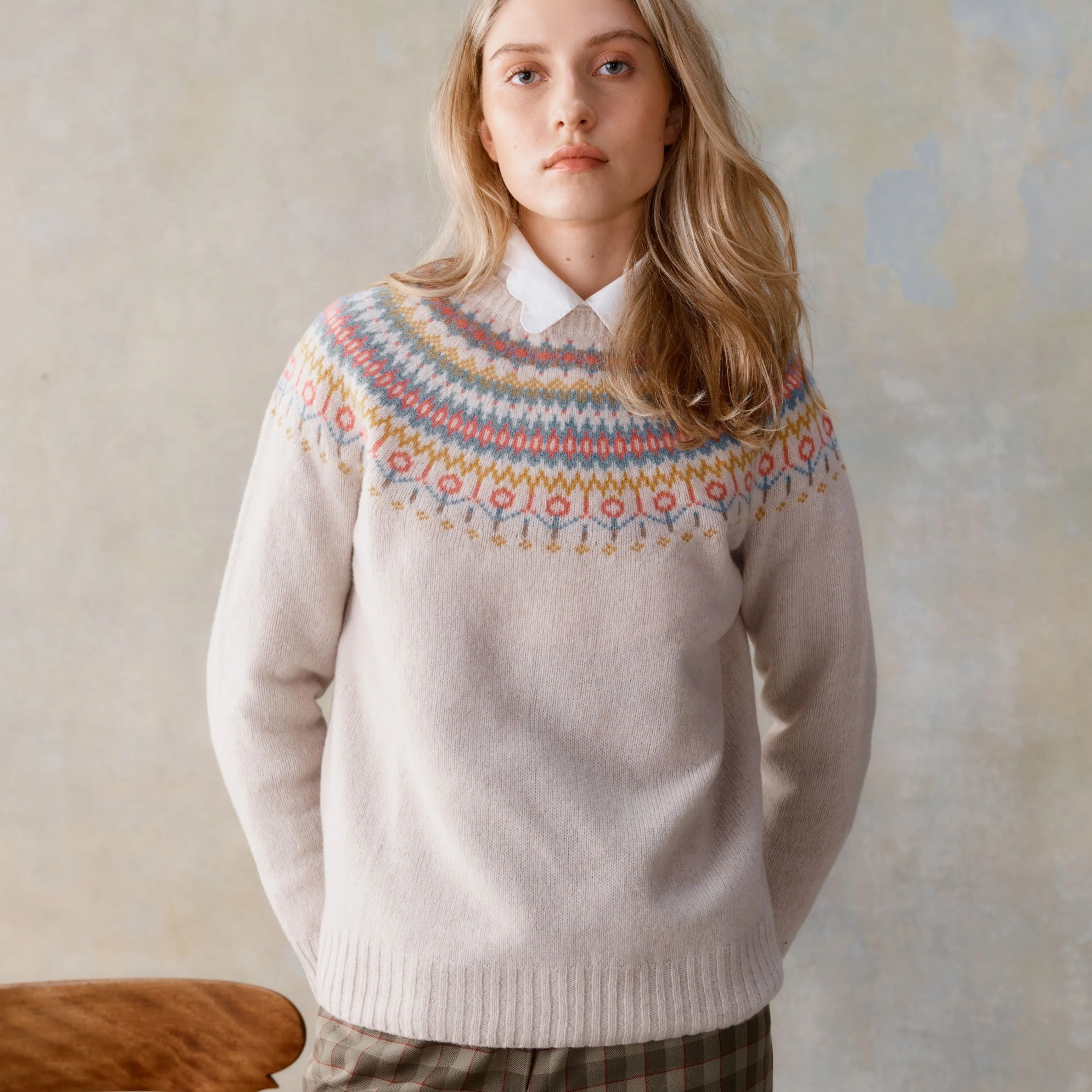 Elegant Swansdown Fair Isle Yoke Crew Neck Sweater for Stylish Comfort