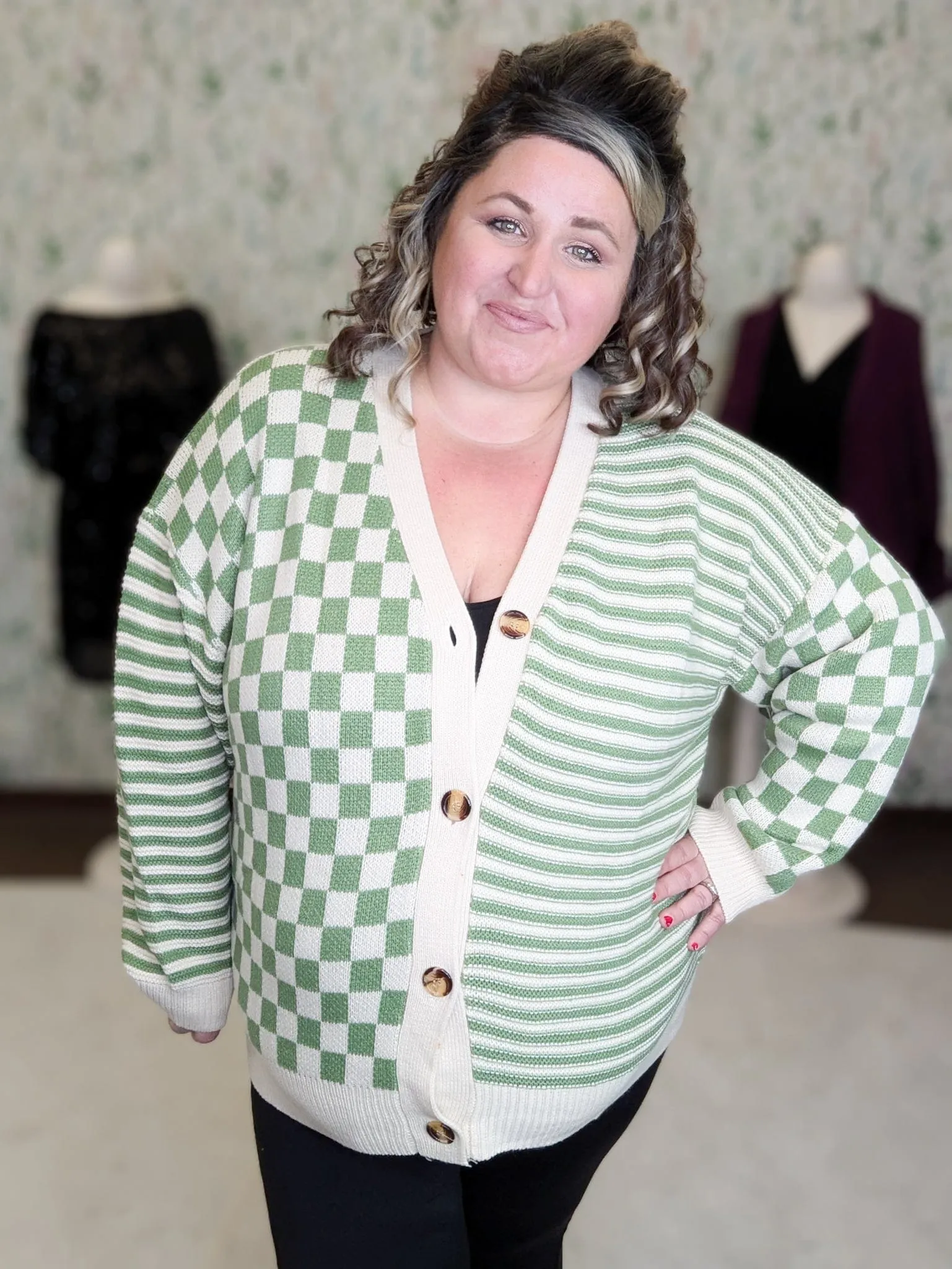 Finley Oversized Grandpa Cardigan Sweater in Checkerboard