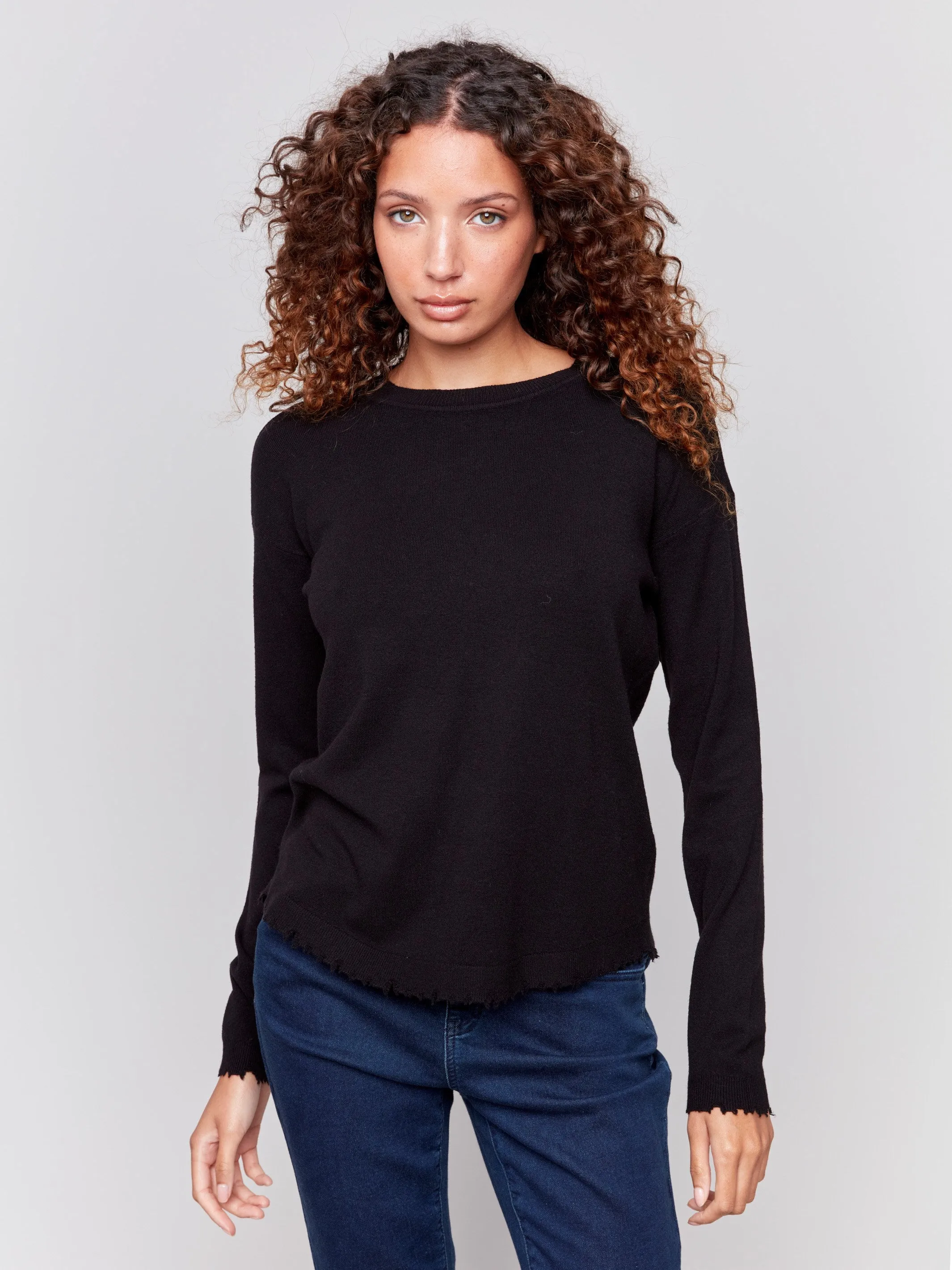 Frayed Edge Round Hem Sweater - Black