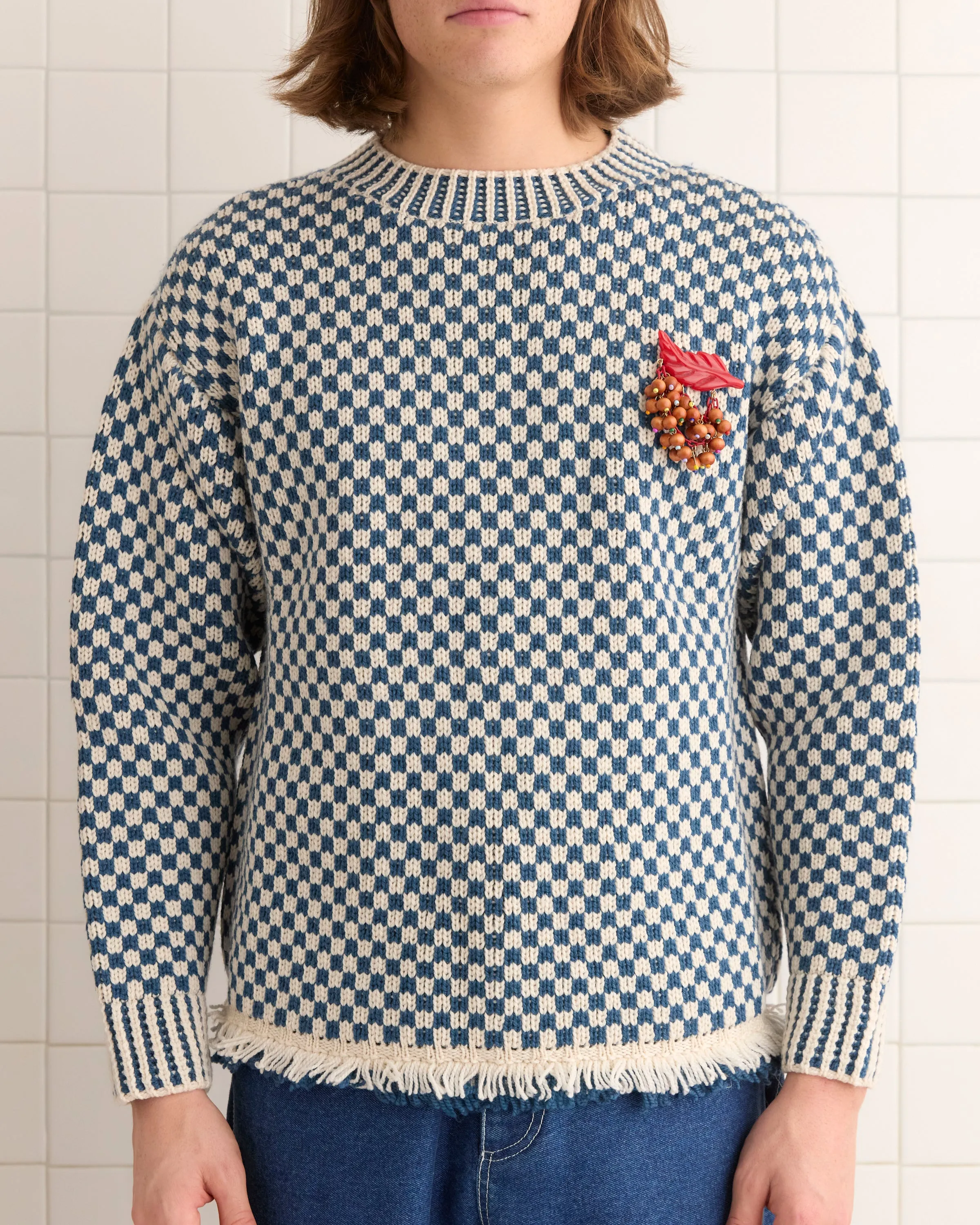 Fringe Check Pullover - Blue