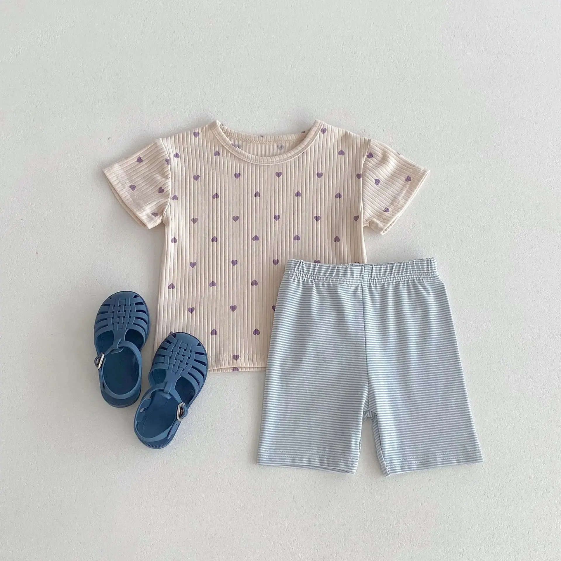 Heart Print Tee & Striped Shorts Set