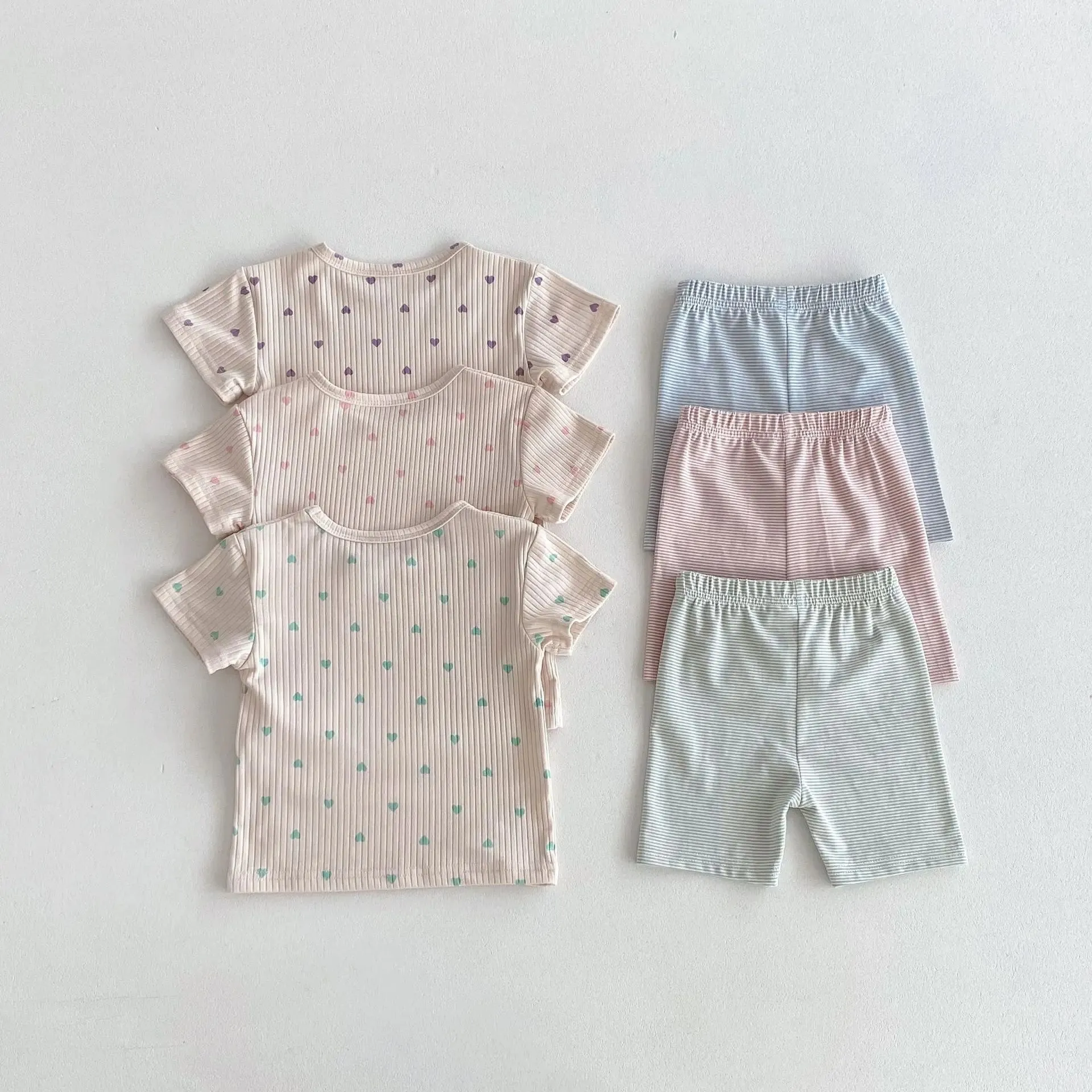 Heart Print Tee & Striped Shorts Set