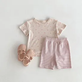 Heart Print Tee & Striped Shorts Set