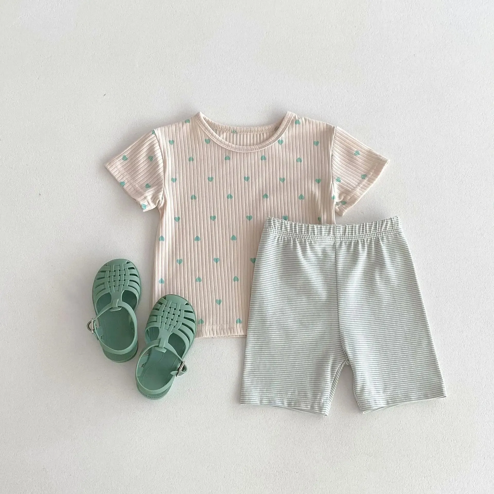 Heart Print Tee & Striped Shorts Set