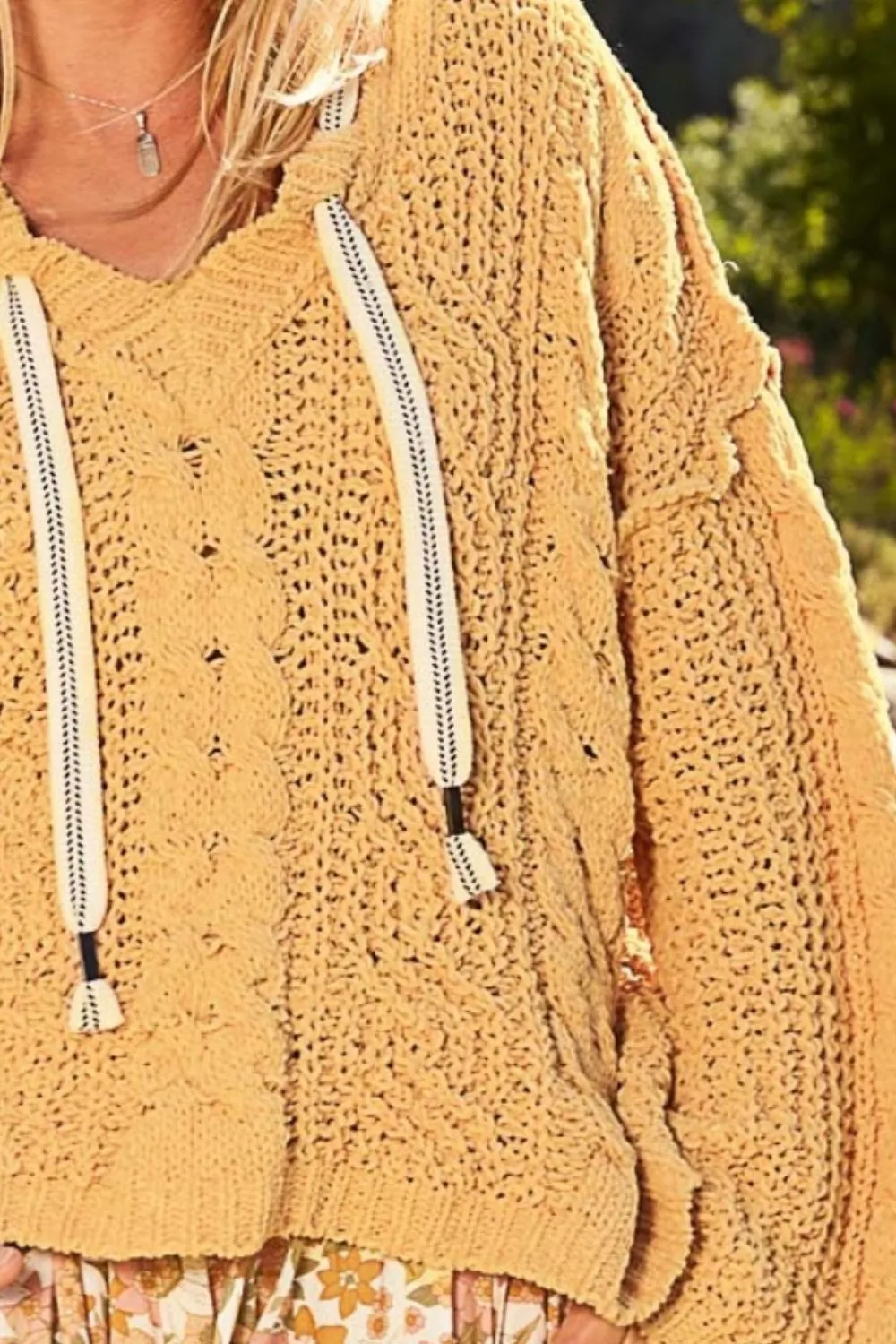 Hot Girl Cable Knit Hooded Chenille Sweater In Honey