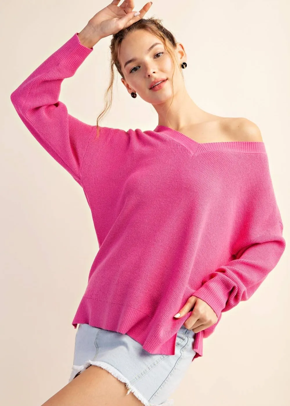 Hot Pink Waffle Texture Lightweight V-neck Sweater