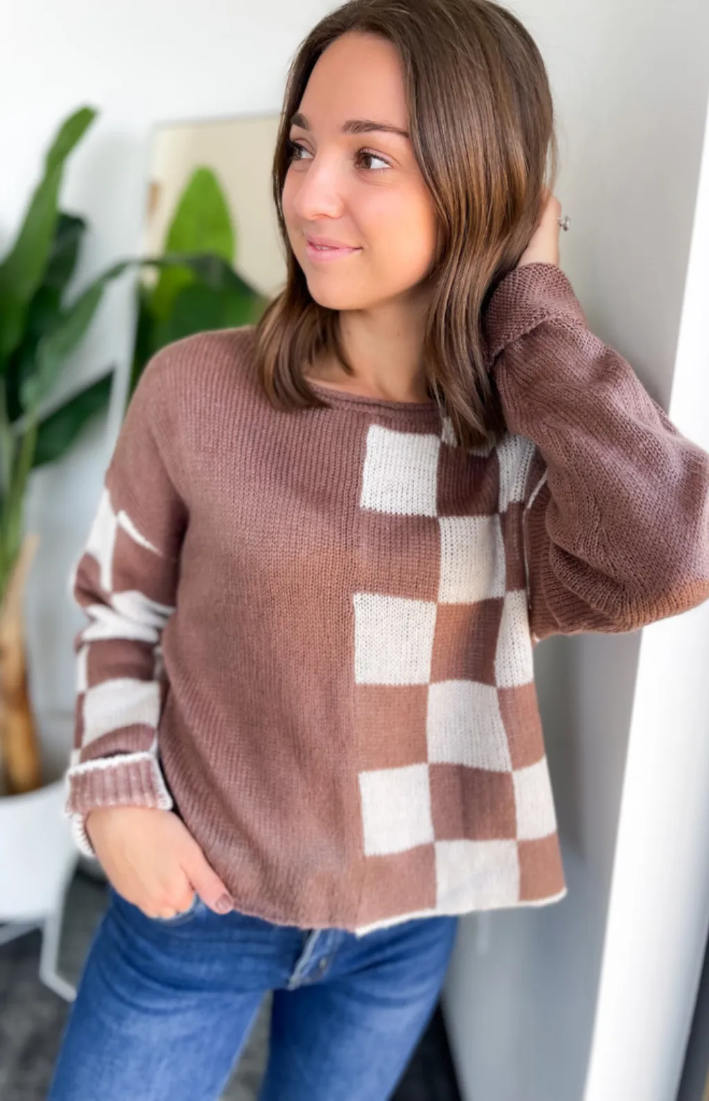 Isabelle Color Block Checkered Knit Sweater