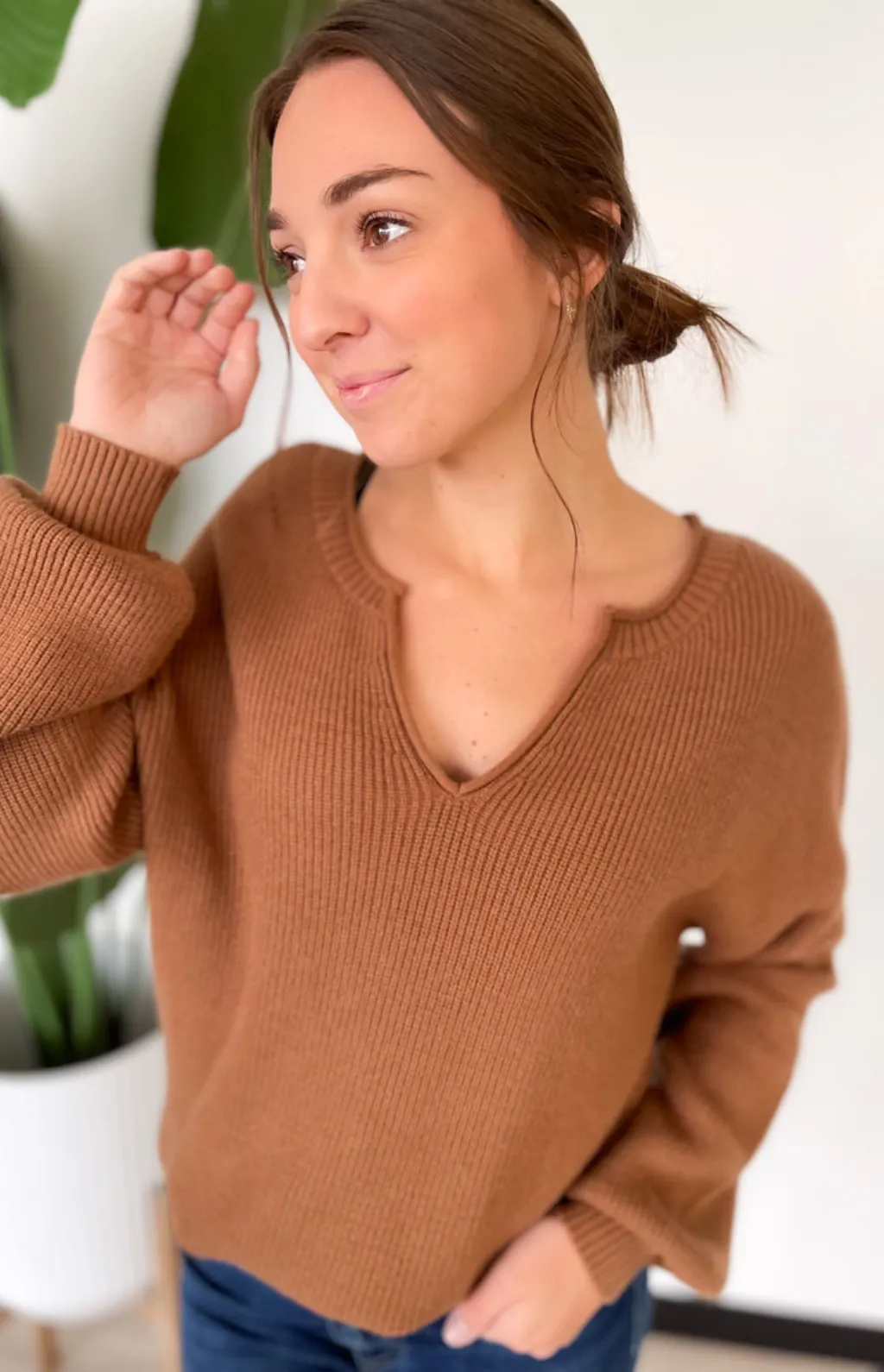 Karter Split Neck Knit Brown Sweater