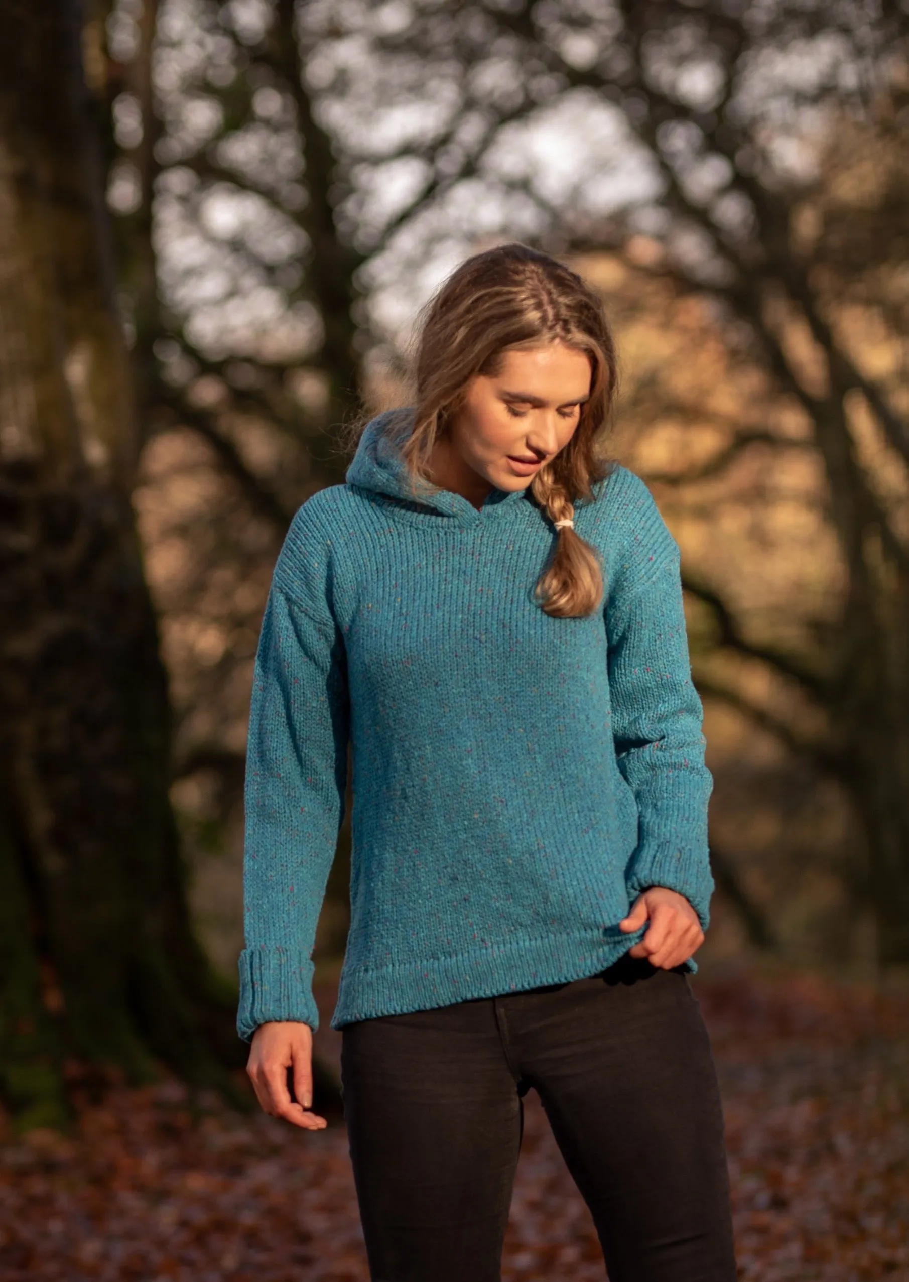 Ladies Donegal Wool Hooded Sweater | Sky Blue