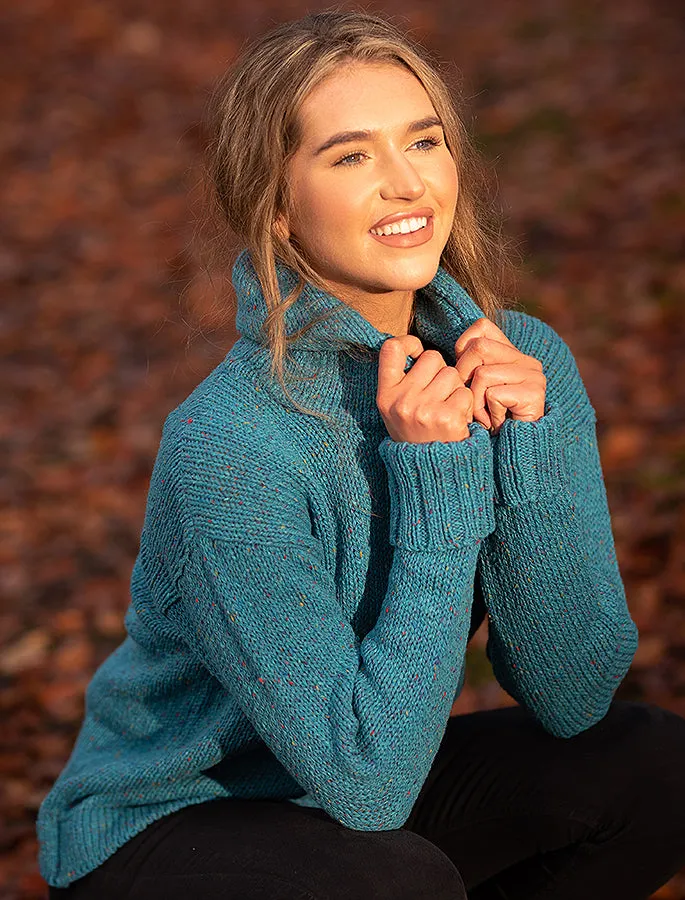 Ladies Donegal Wool Hooded Sweater | Sky Blue