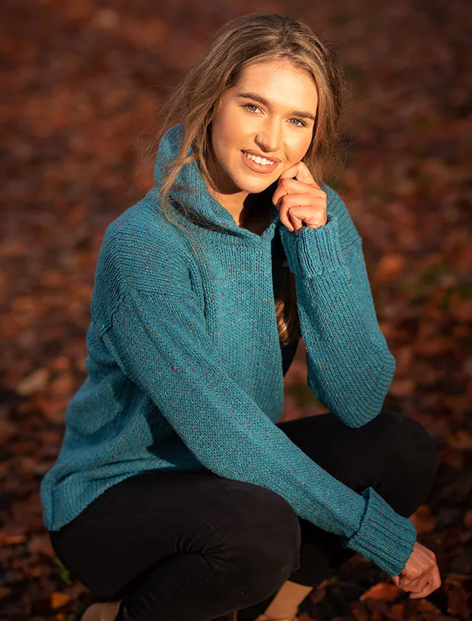 Ladies Donegal Wool Hooded Sweater | Sky Blue