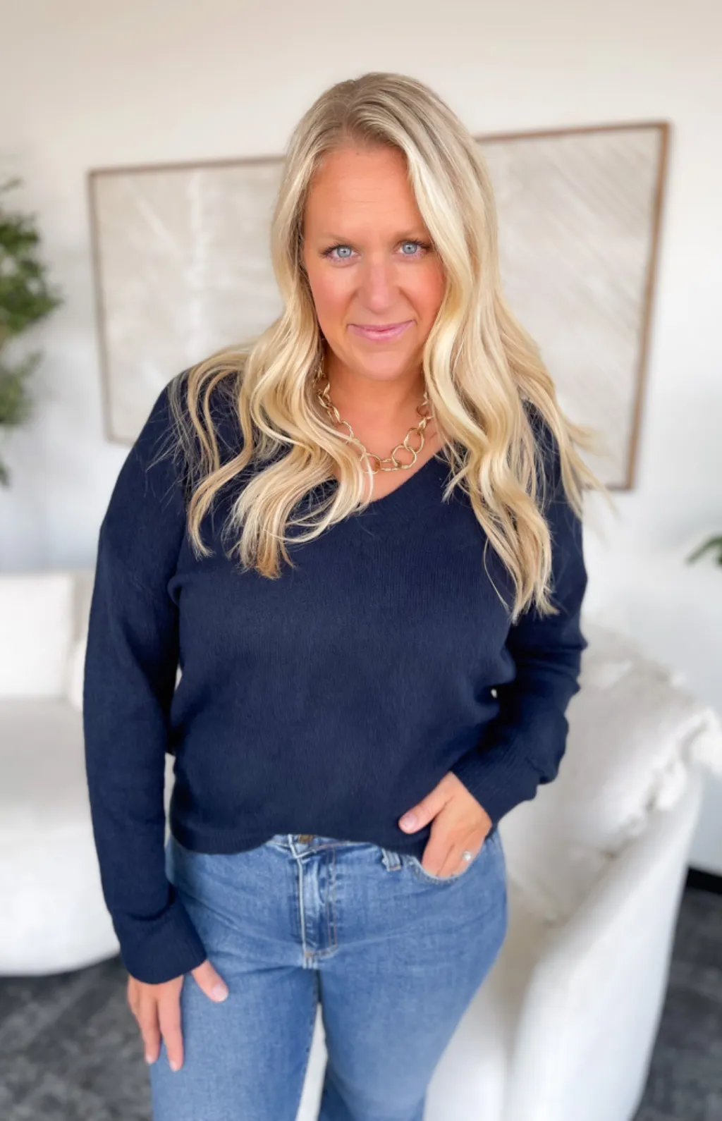 Melanie V-Neck Navy Knit Sweater