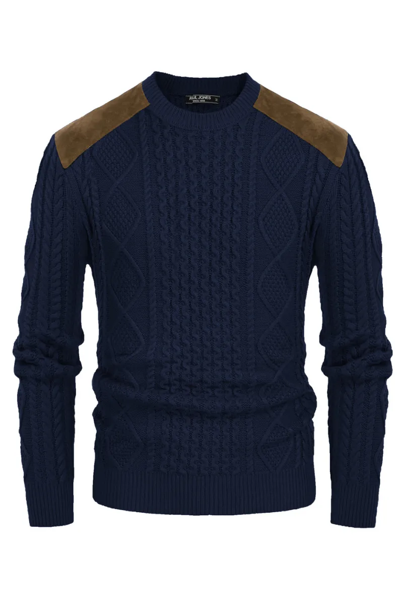 Men's Military Pullover Sweater Crewneck Vintage Cable Knit Casual Sweater