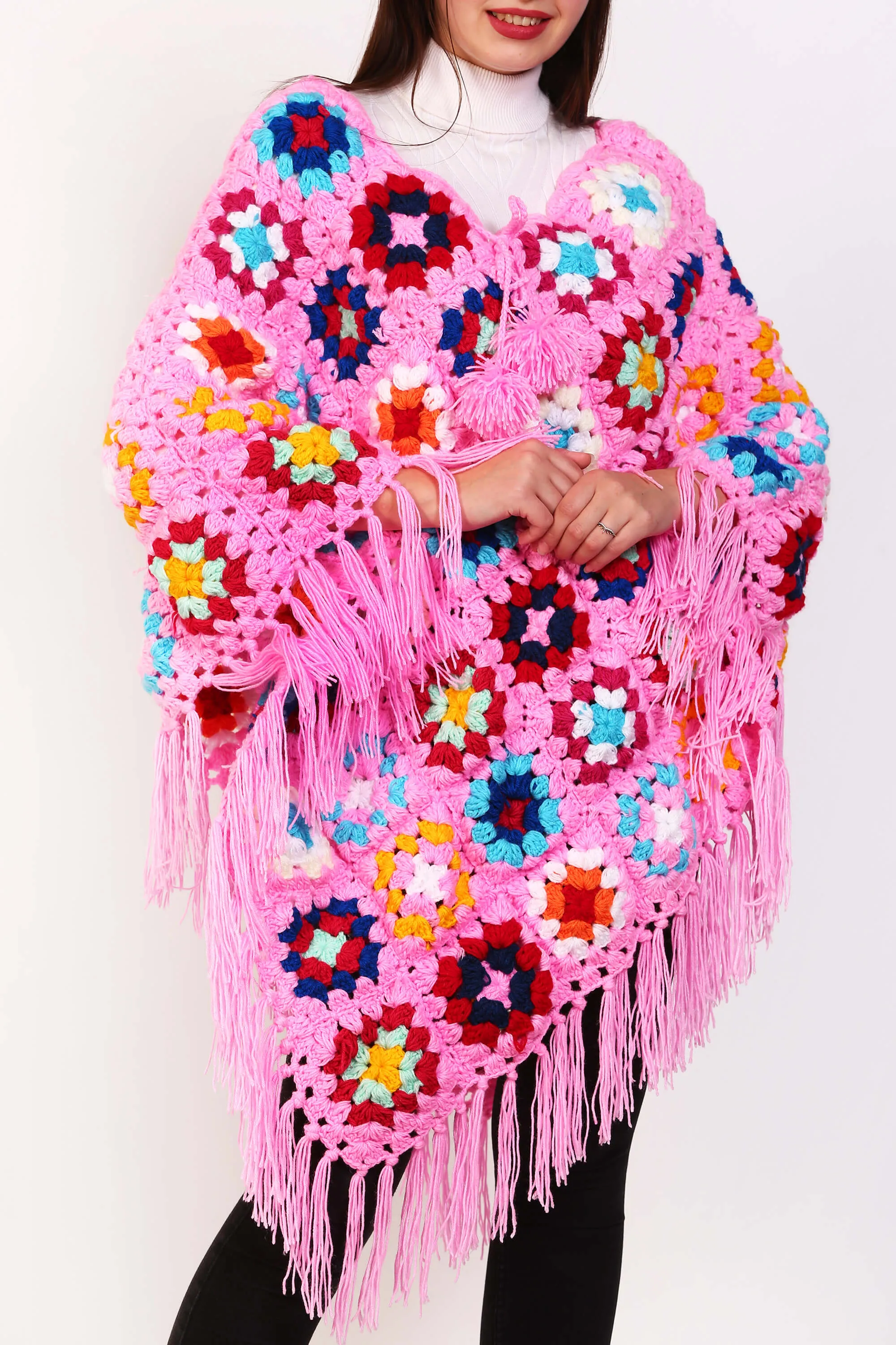 Multi Colored Granny Square Women Crochet Ponchos