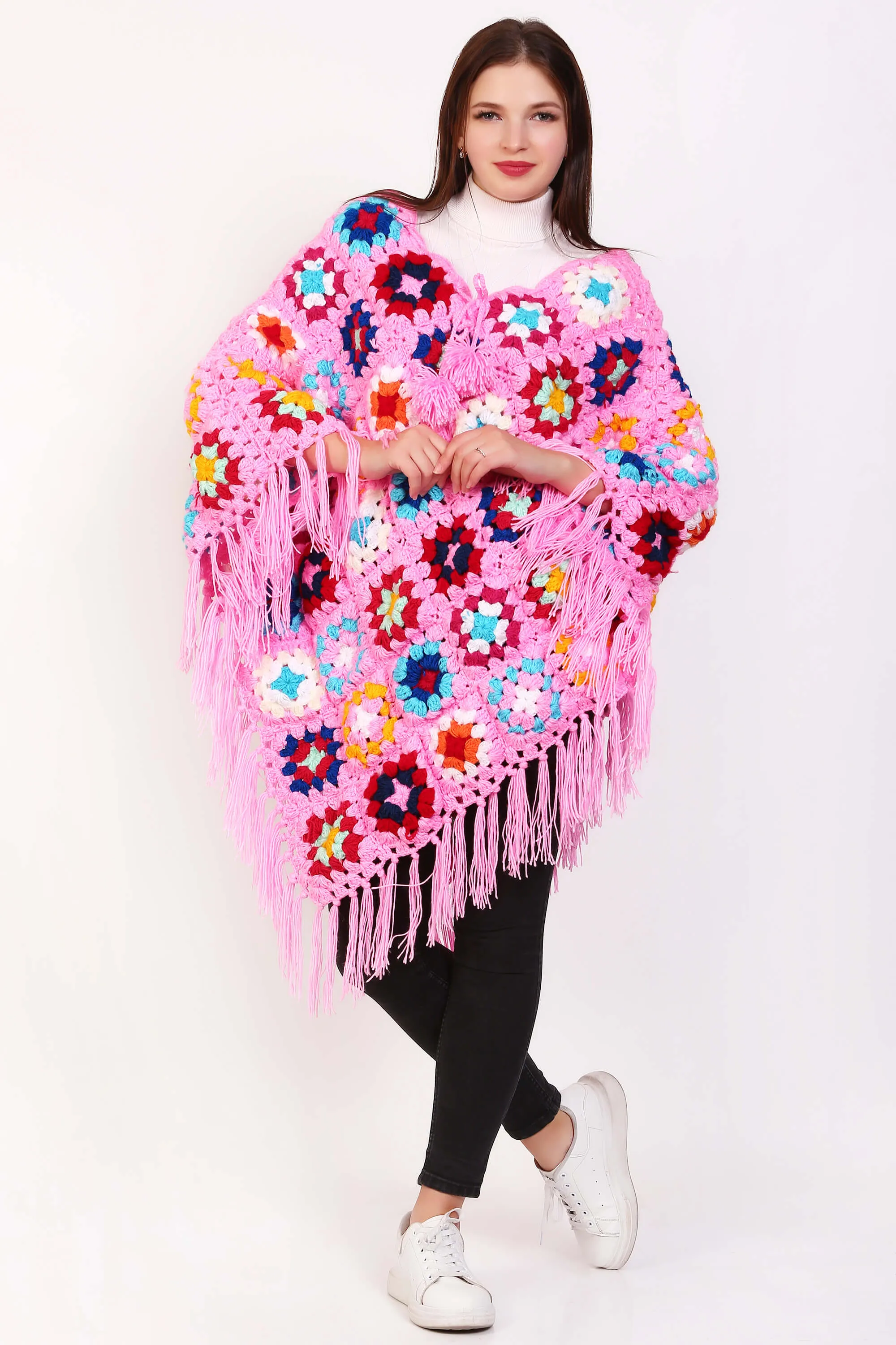 Multi Colored Granny Square Women Crochet Ponchos