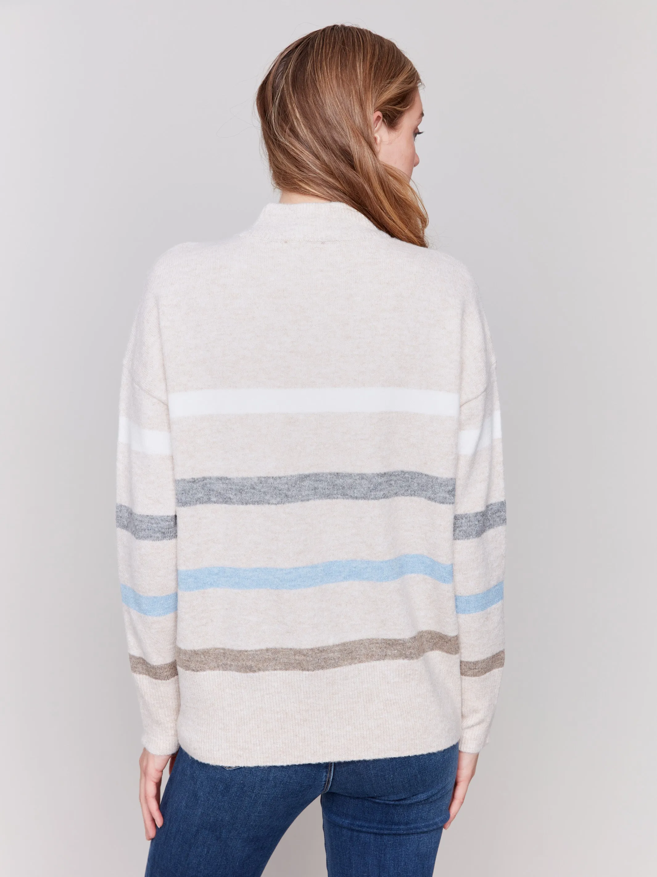 Printed Mock Neck Sweater with Sleeve Zippers - Beige