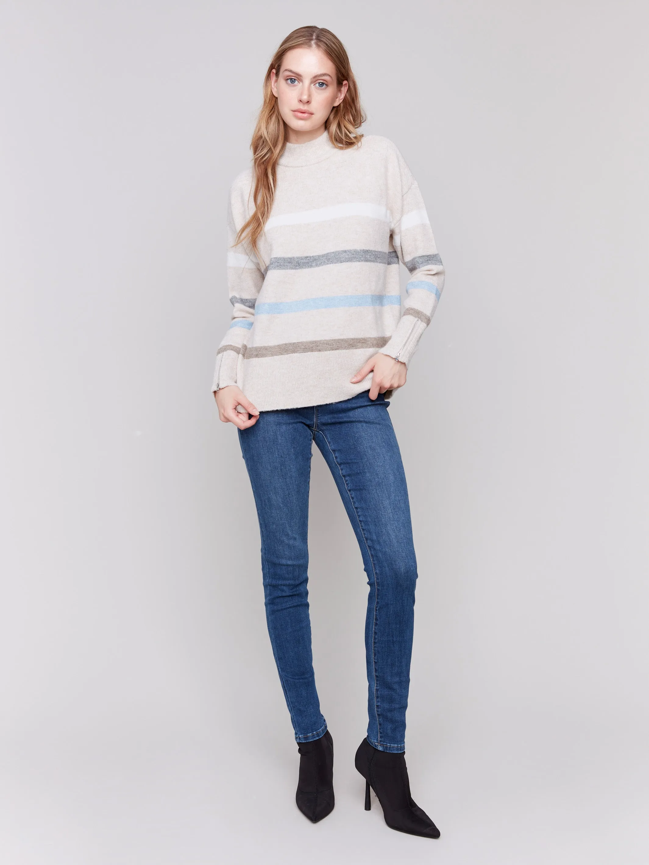 Printed Mock Neck Sweater with Sleeve Zippers - Beige