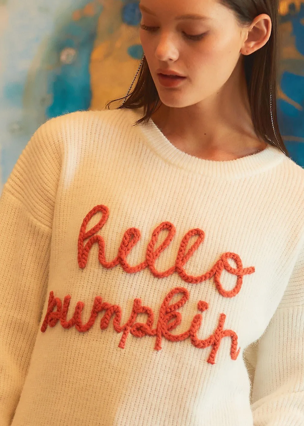 "Hello Pumpkin" Halloween Contrast Pullover Sweater