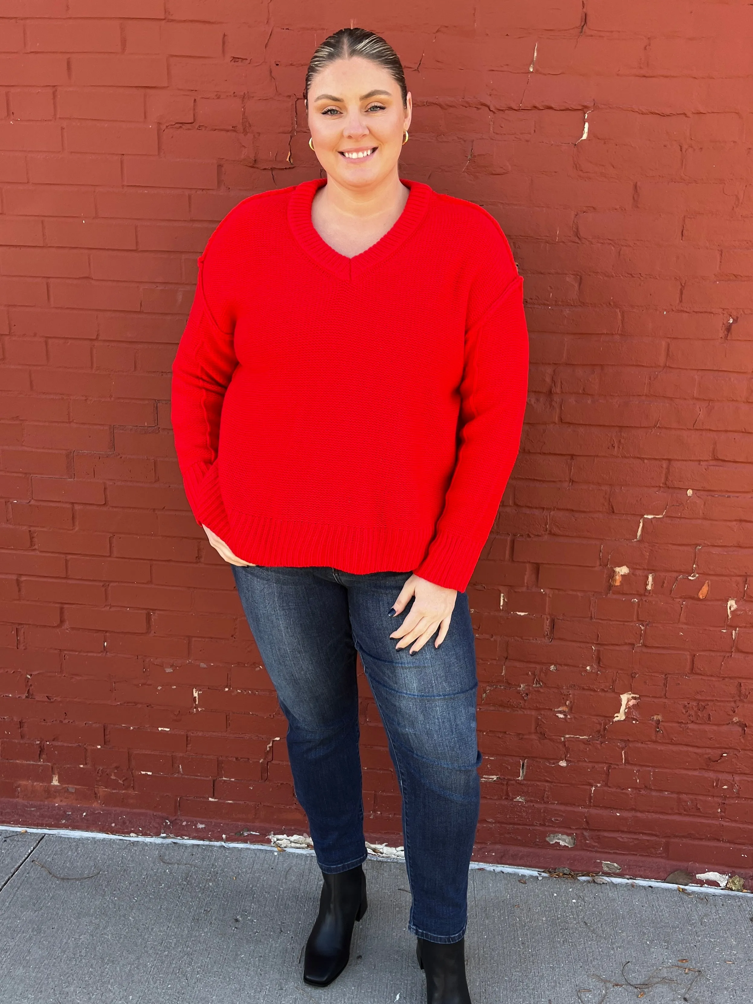 Red Chunky V-Neck Sweater