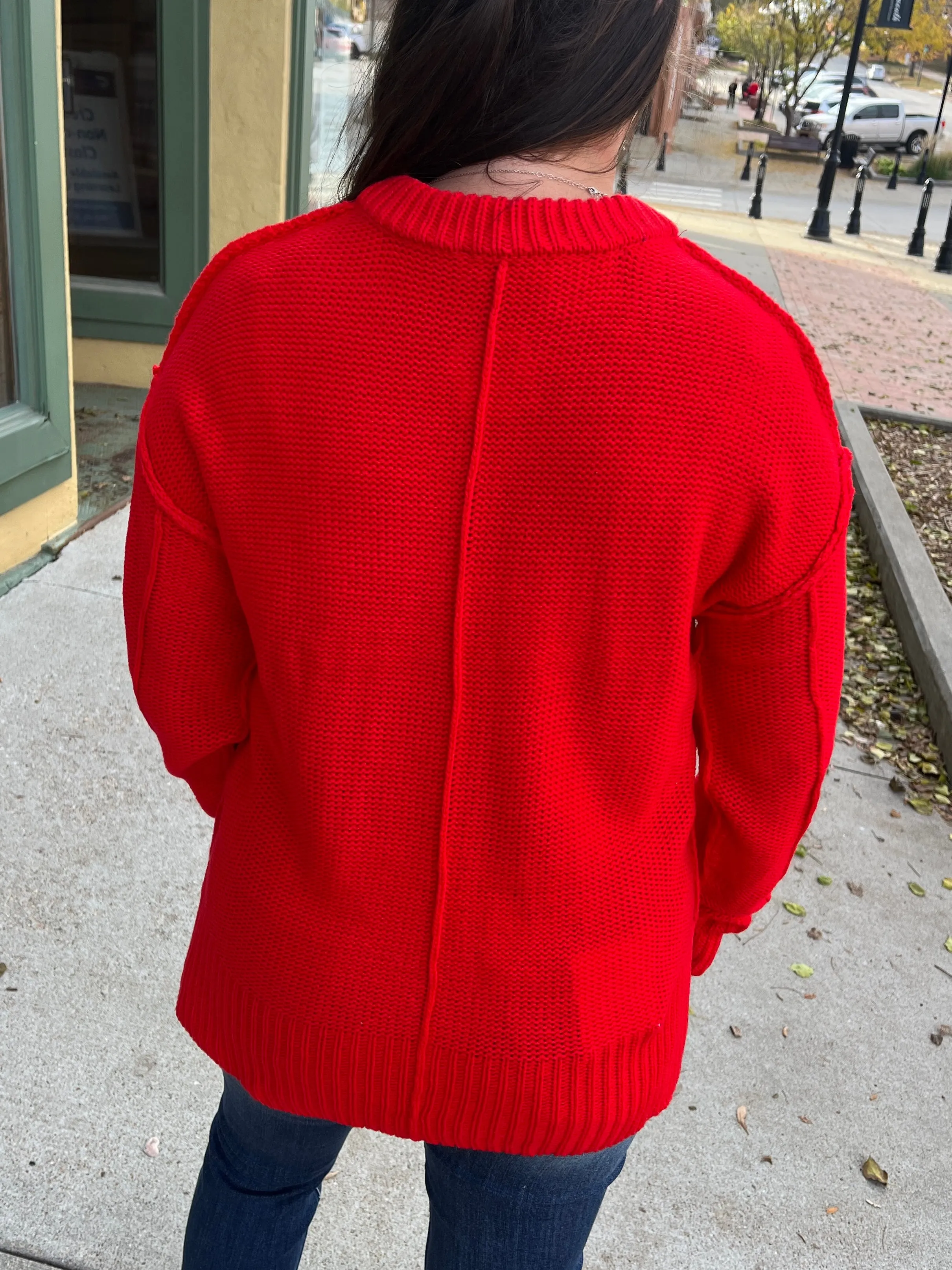 Red Chunky V-Neck Sweater