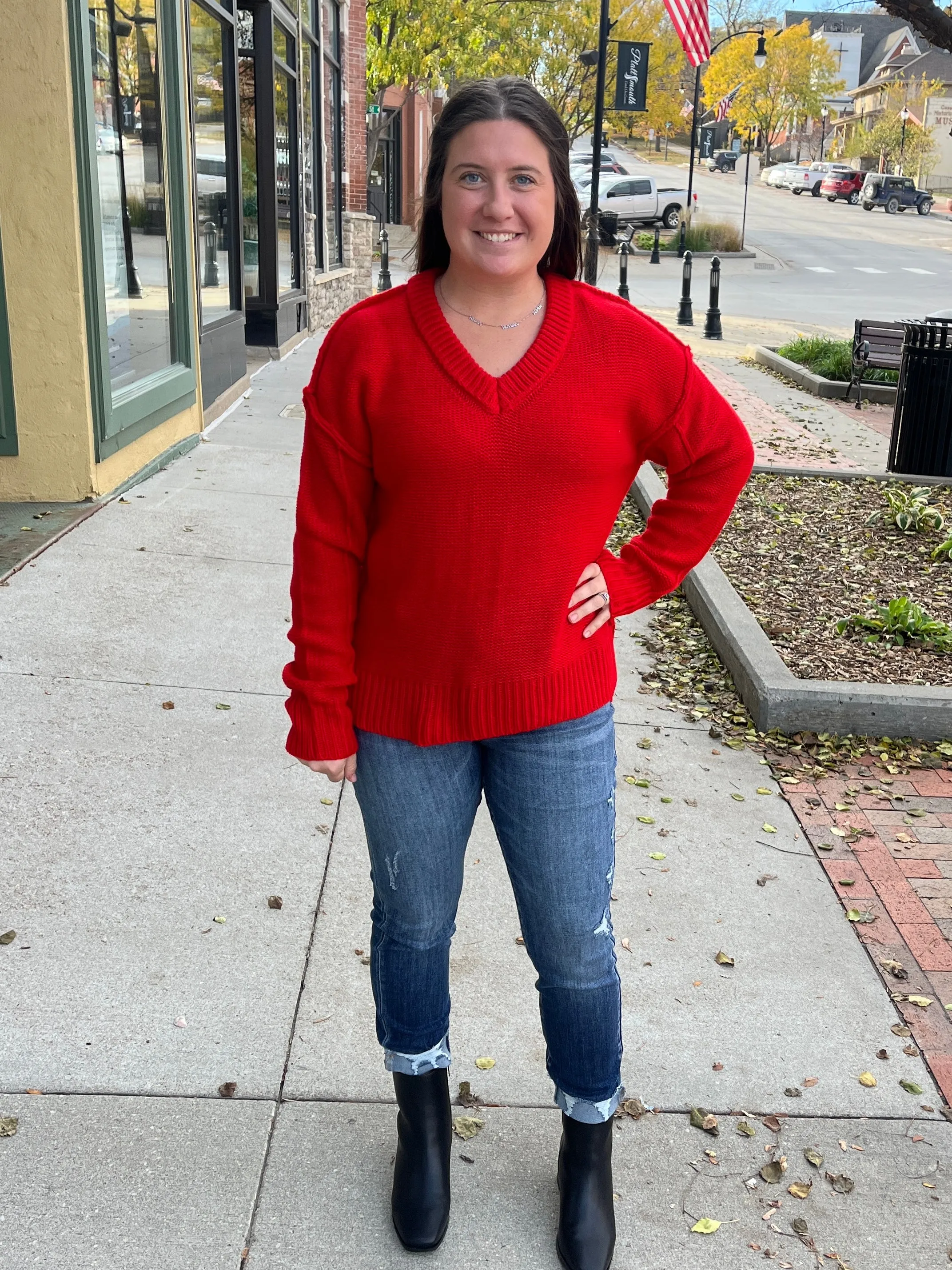 Red Chunky V-Neck Sweater