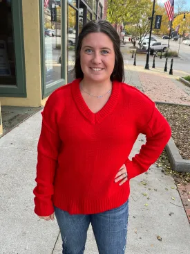 Red Chunky V-Neck Sweater