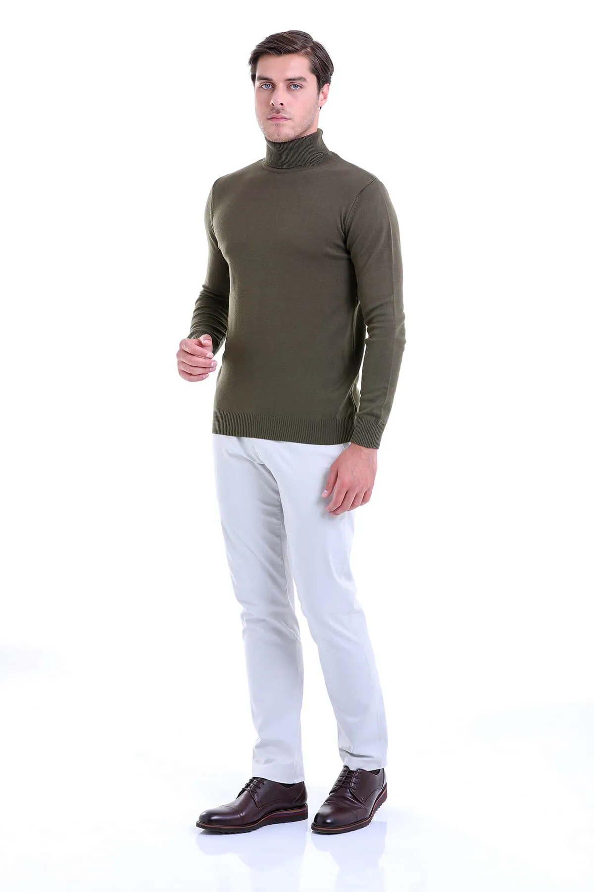 Regular Fit Basic Plain Khaki Turtleneck Sweater