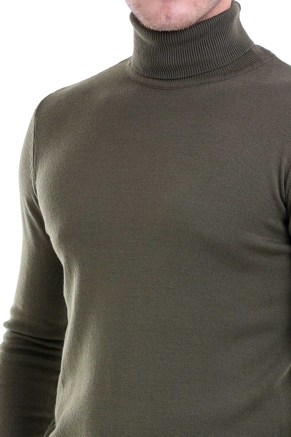 Regular Fit Basic Plain Khaki Turtleneck Sweater