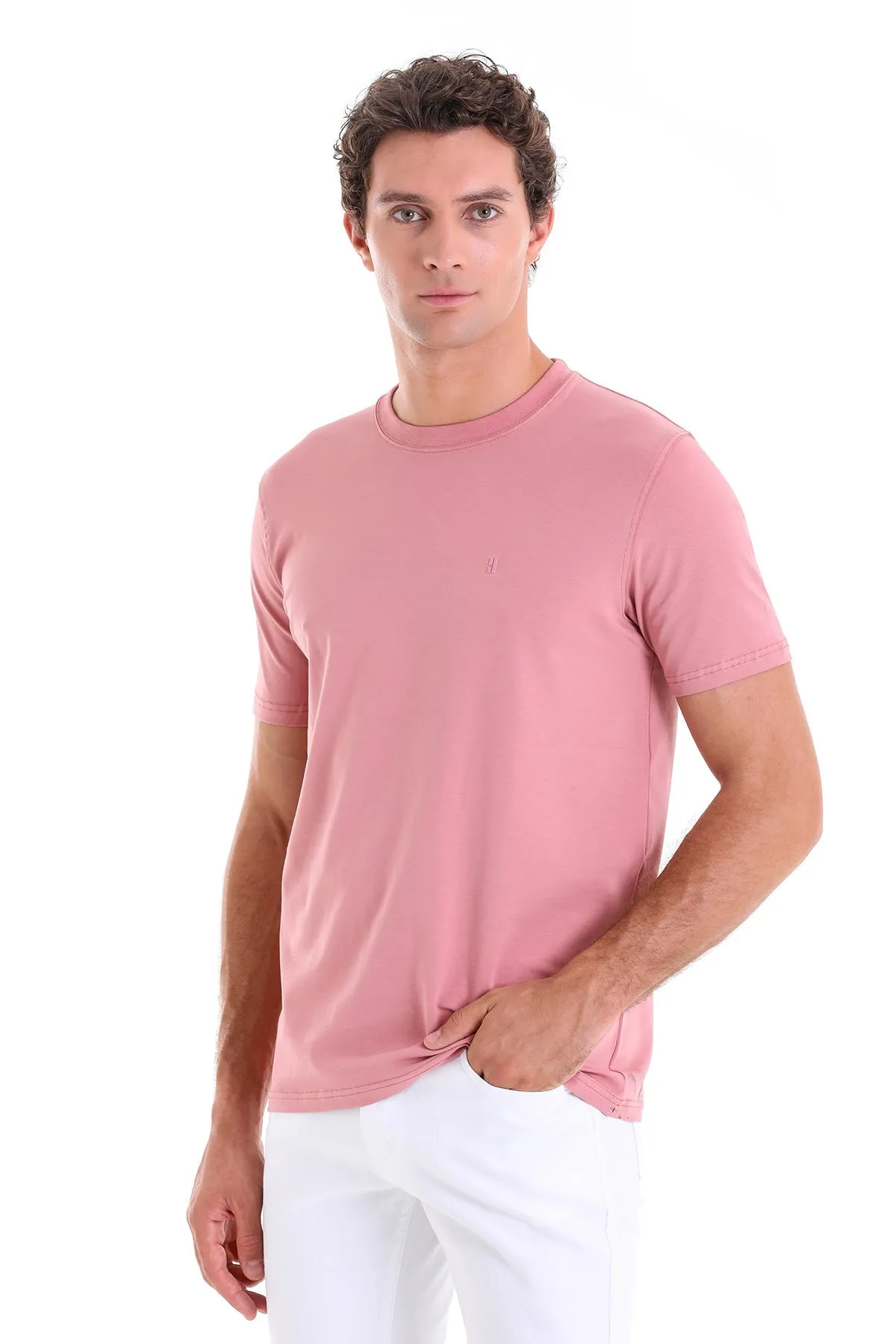 Regular Fit Cotton Blend Pink Crewneck T-Shirt