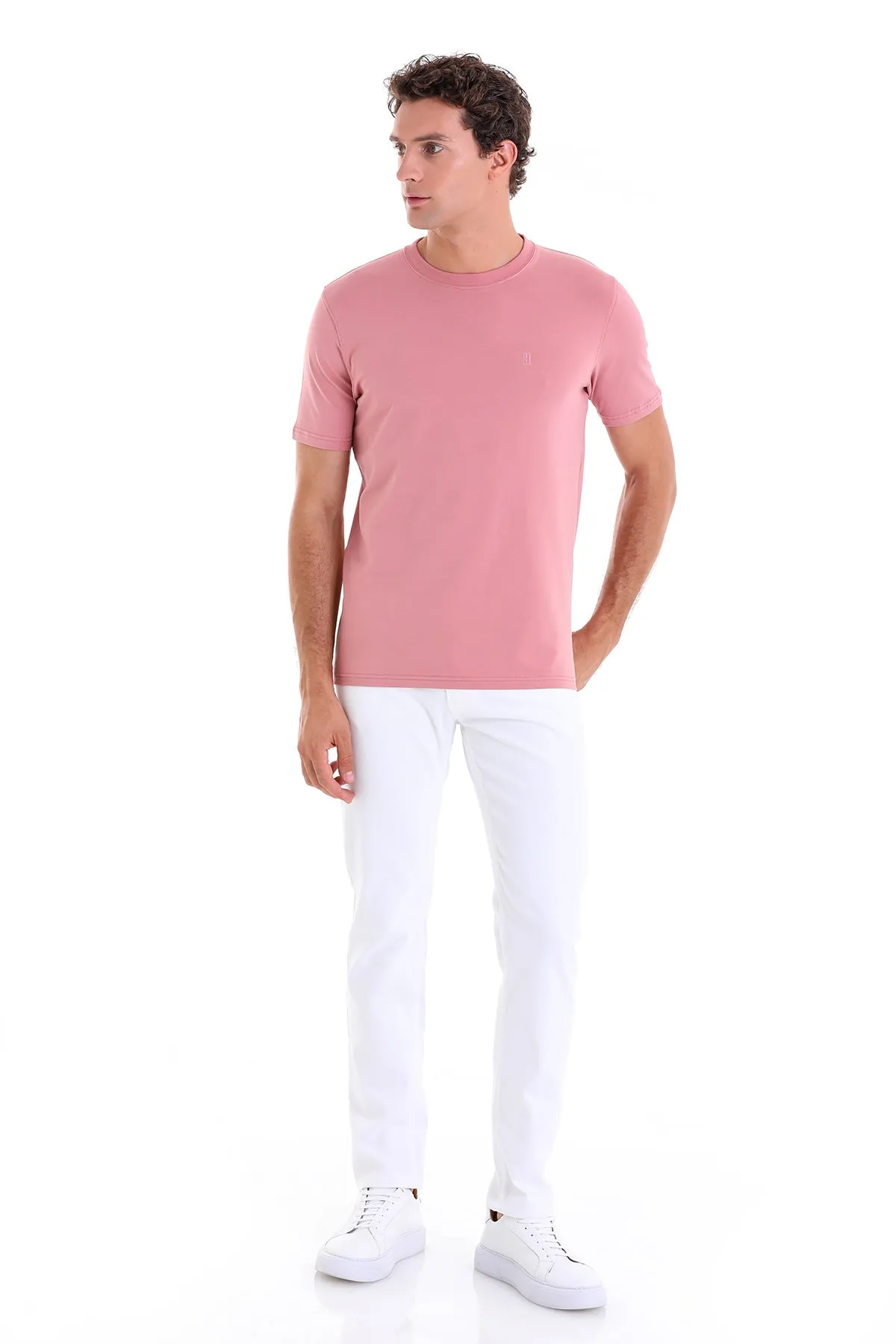 Regular Fit Cotton Blend Pink Crewneck T-Shirt