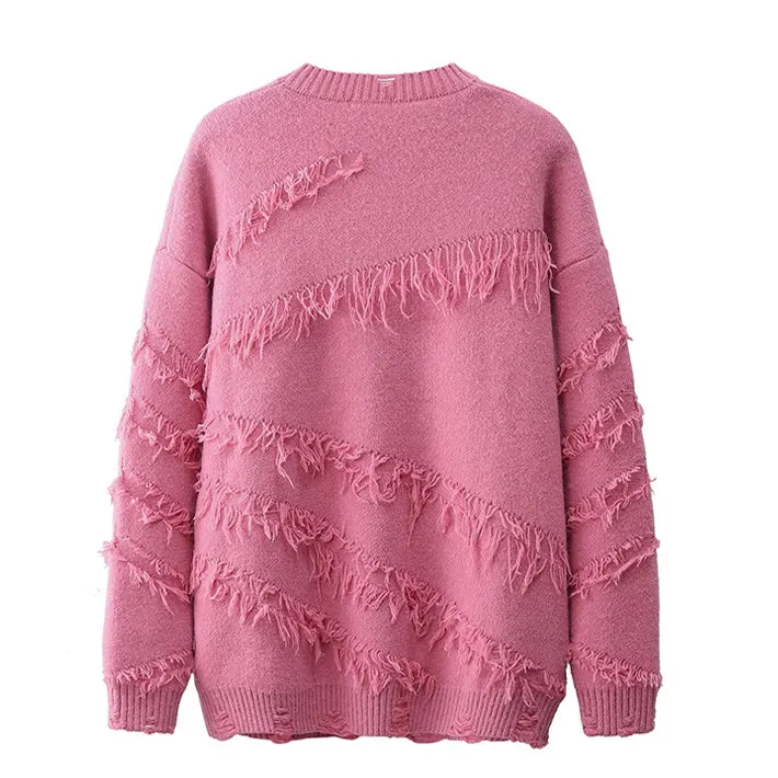 Ripped Fringed Oversize Crewneck Sweater