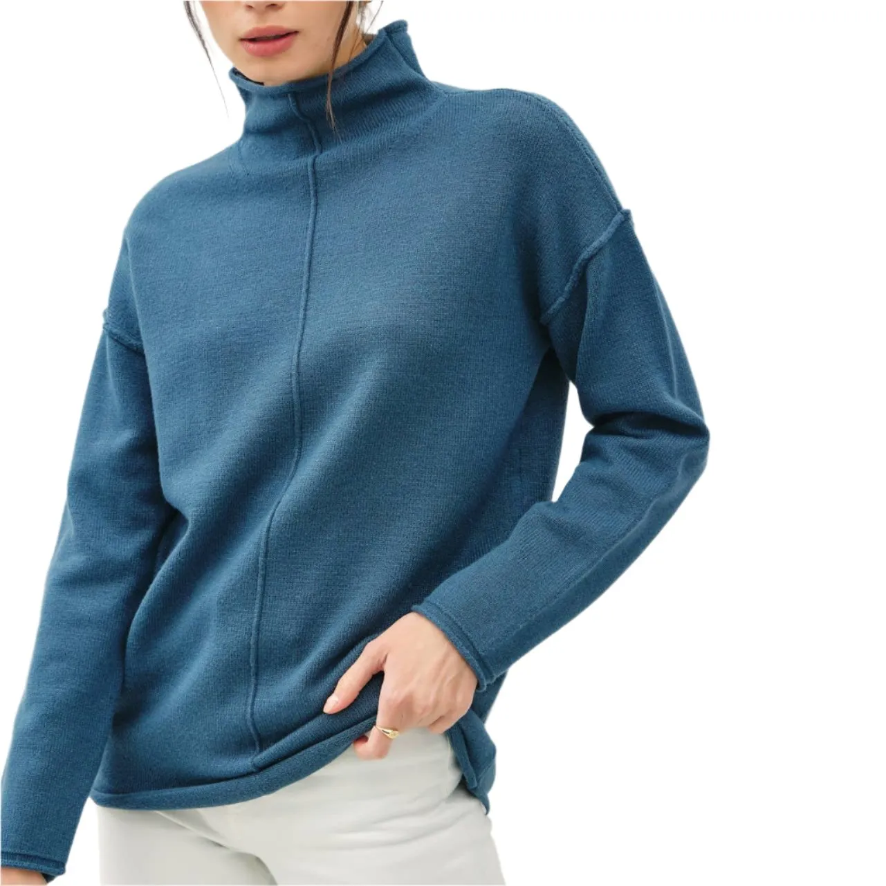 Teal Funnel Neck Sweater with Raw Edge