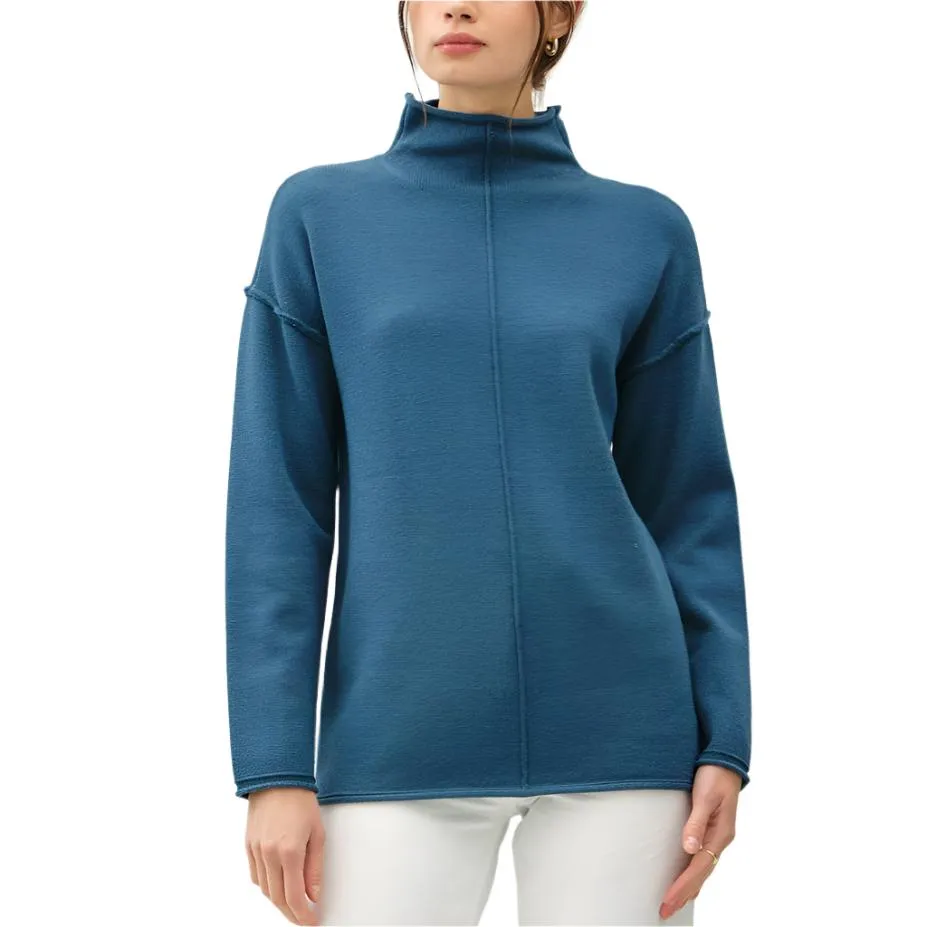 Teal Funnel Neck Sweater with Raw Edge