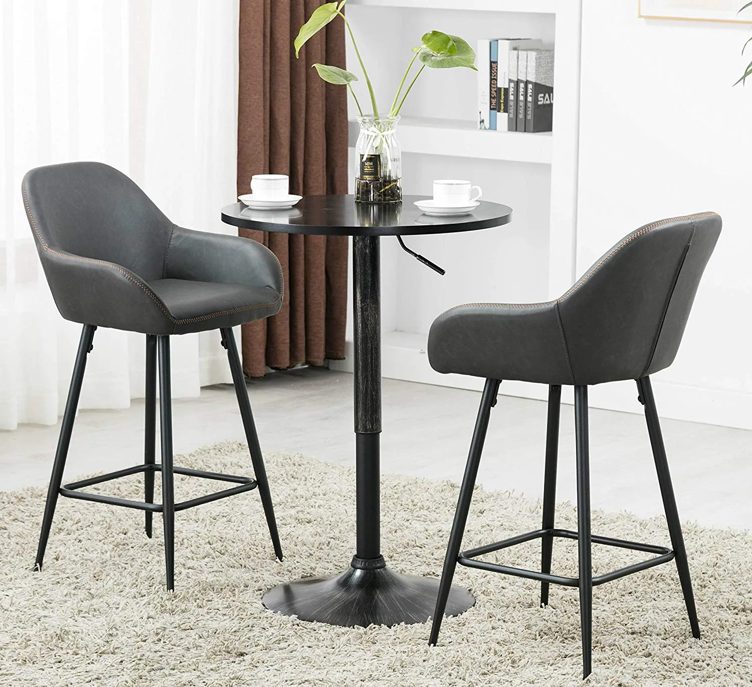 Two NEW - Counter Height Barstools 25 inch Bucket Upholstered Dark Gray Accent Dining Bar Chair Set of 2