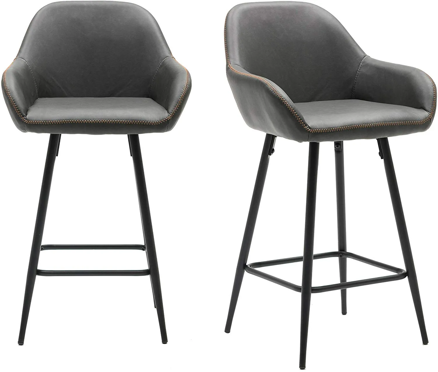 Two NEW - Counter Height Barstools 25 inch Bucket Upholstered Dark Gray Accent Dining Bar Chair Set of 2