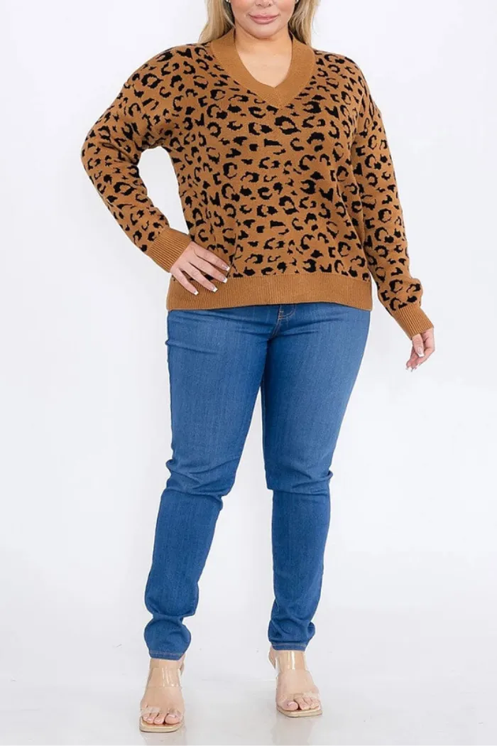 V-Neck Pullover Colorblock Animal Print Sweater