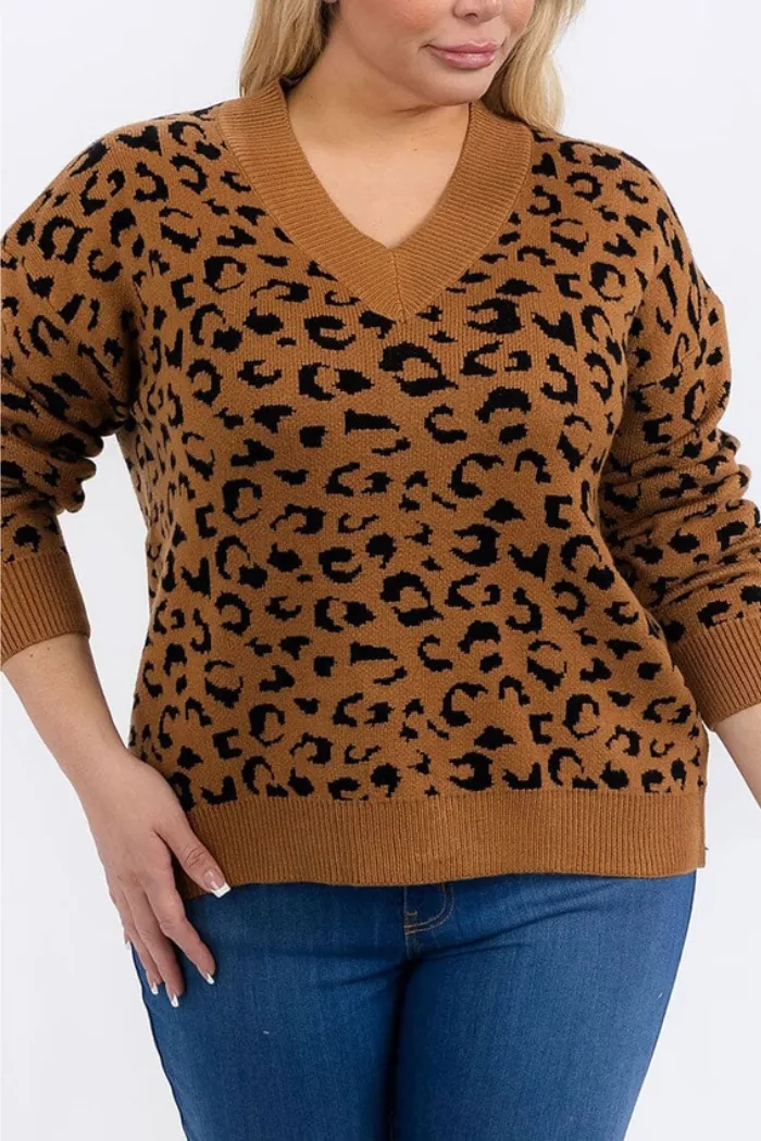 V-Neck Pullover Colorblock Animal Print Sweater