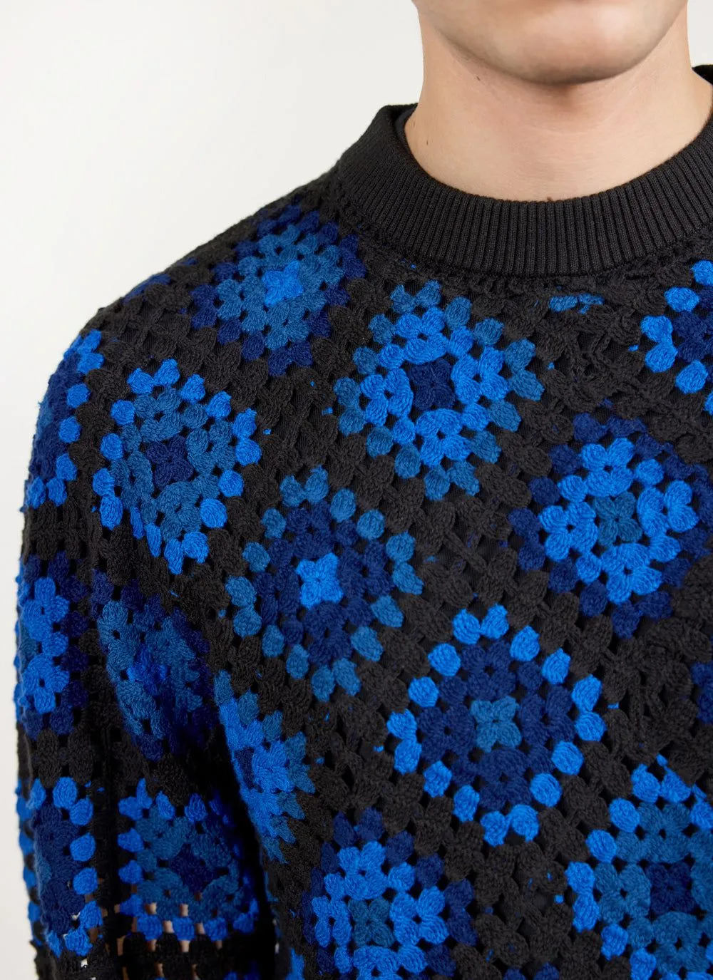 Verso Crochet Knitted Crew Neck Jumper | Organic Cotton | Indigo