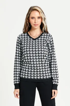 Women Black And White Jacquard Pullover