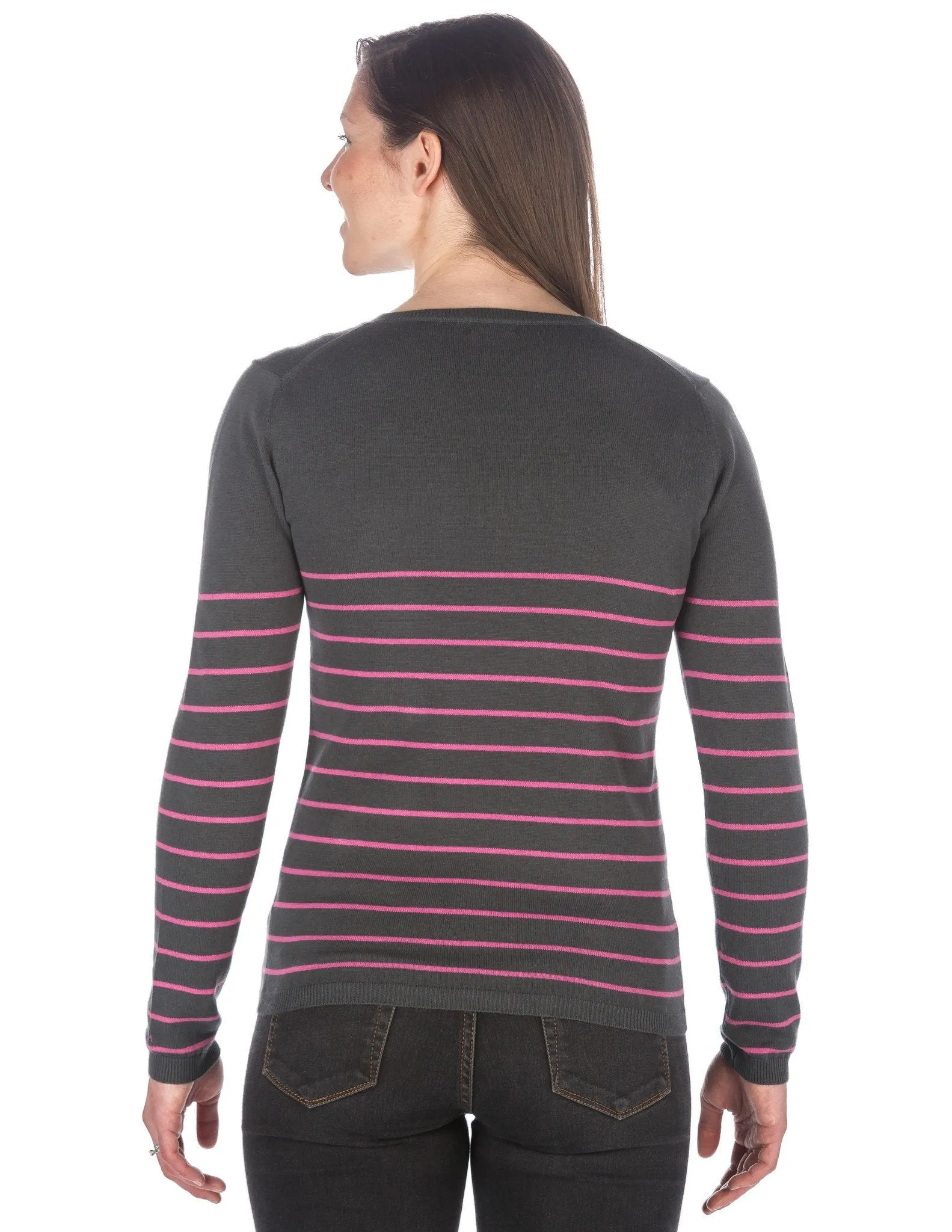 Women's 100% Cotton V-Neck Essential Sweater - Stripes Gray-Pink